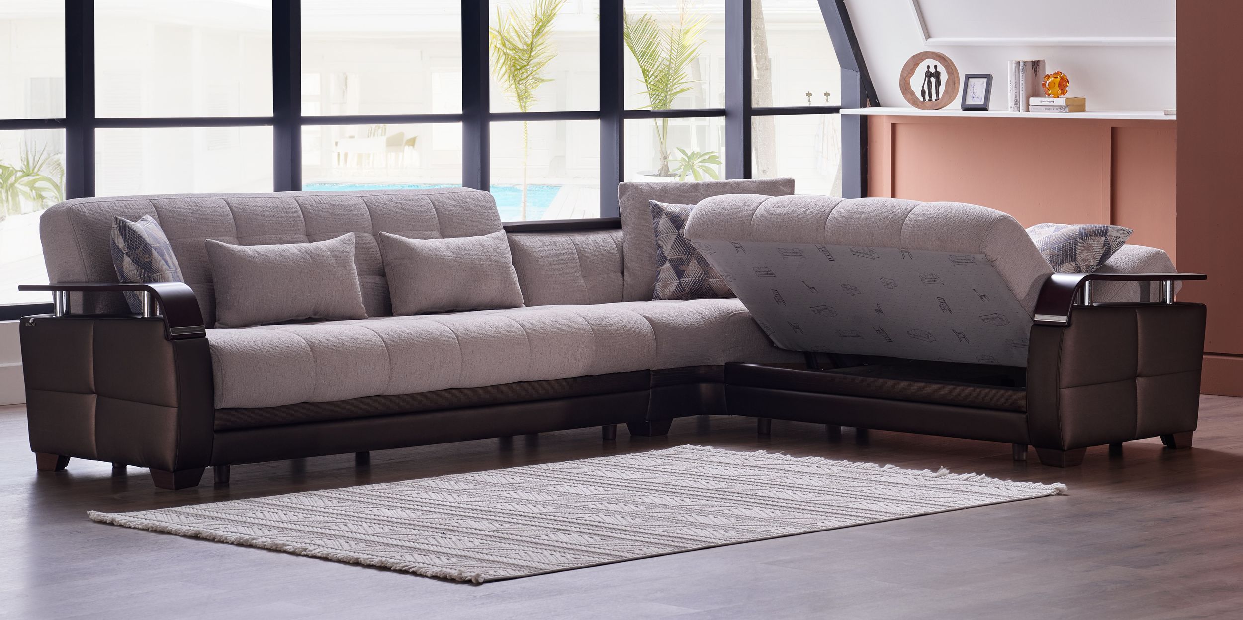 Natural Fabric/PU Storage Sleeper L-Shaped Sectional Sofa w/Wooden Armrests