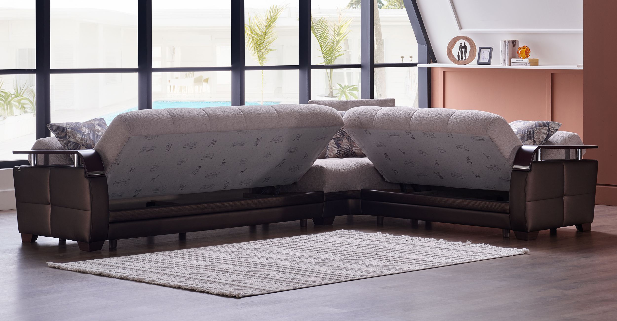 Natural Fabric/PU Storage Sleeper L-Shaped Sectional Sofa w/Wooden Armrests