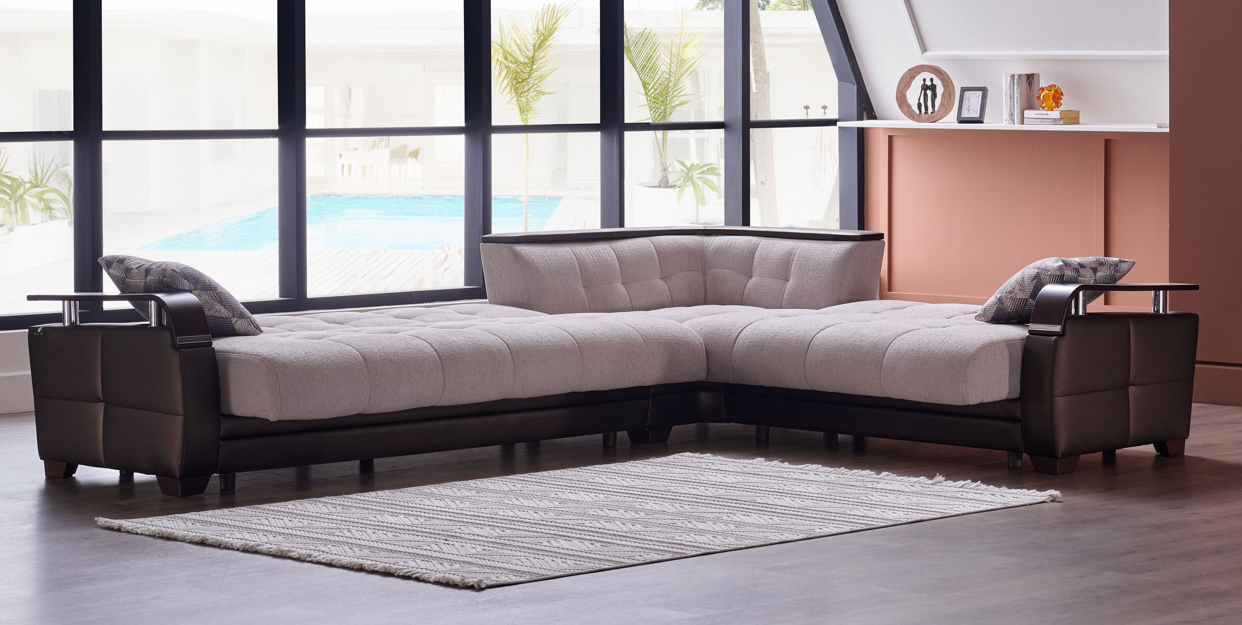 Natural Fabric/PU Storage Sleeper L-Shaped Sectional Sofa w/Wooden Armrests
