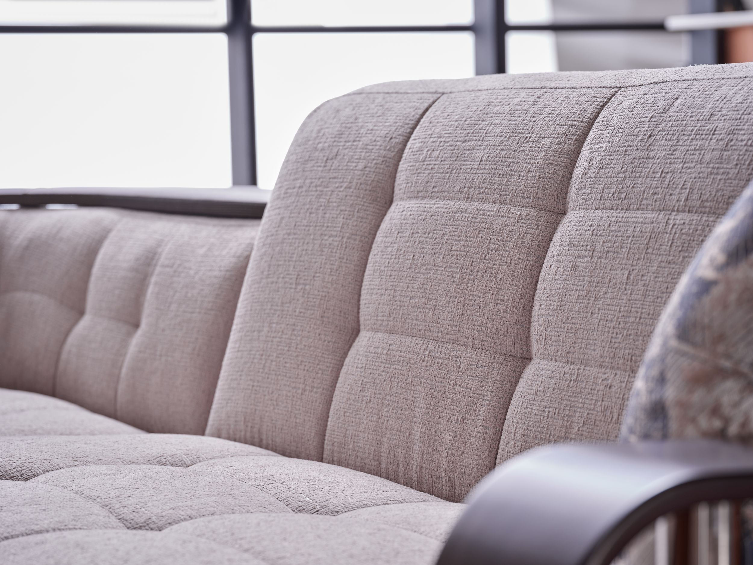 Natural Fabric/PU Storage Sleeper L-Shaped Sectional Sofa w/Wooden Armrests