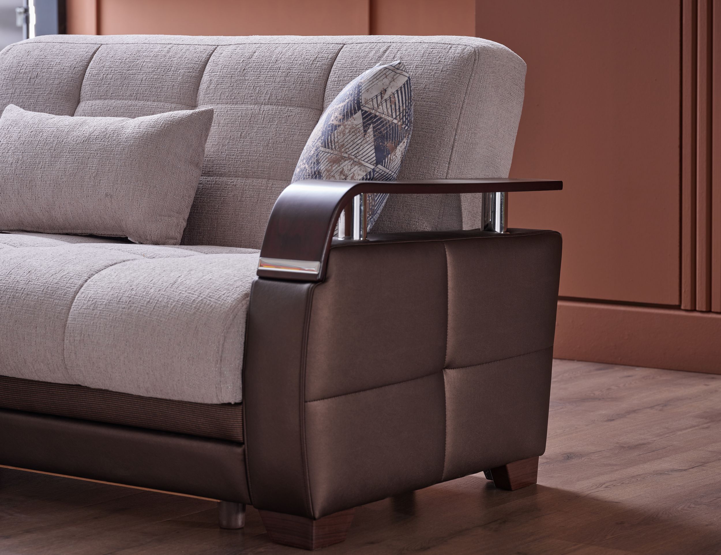 Natural Fabric/PU Storage Sleeper L-Shaped Sectional Sofa w/Wooden Armrests