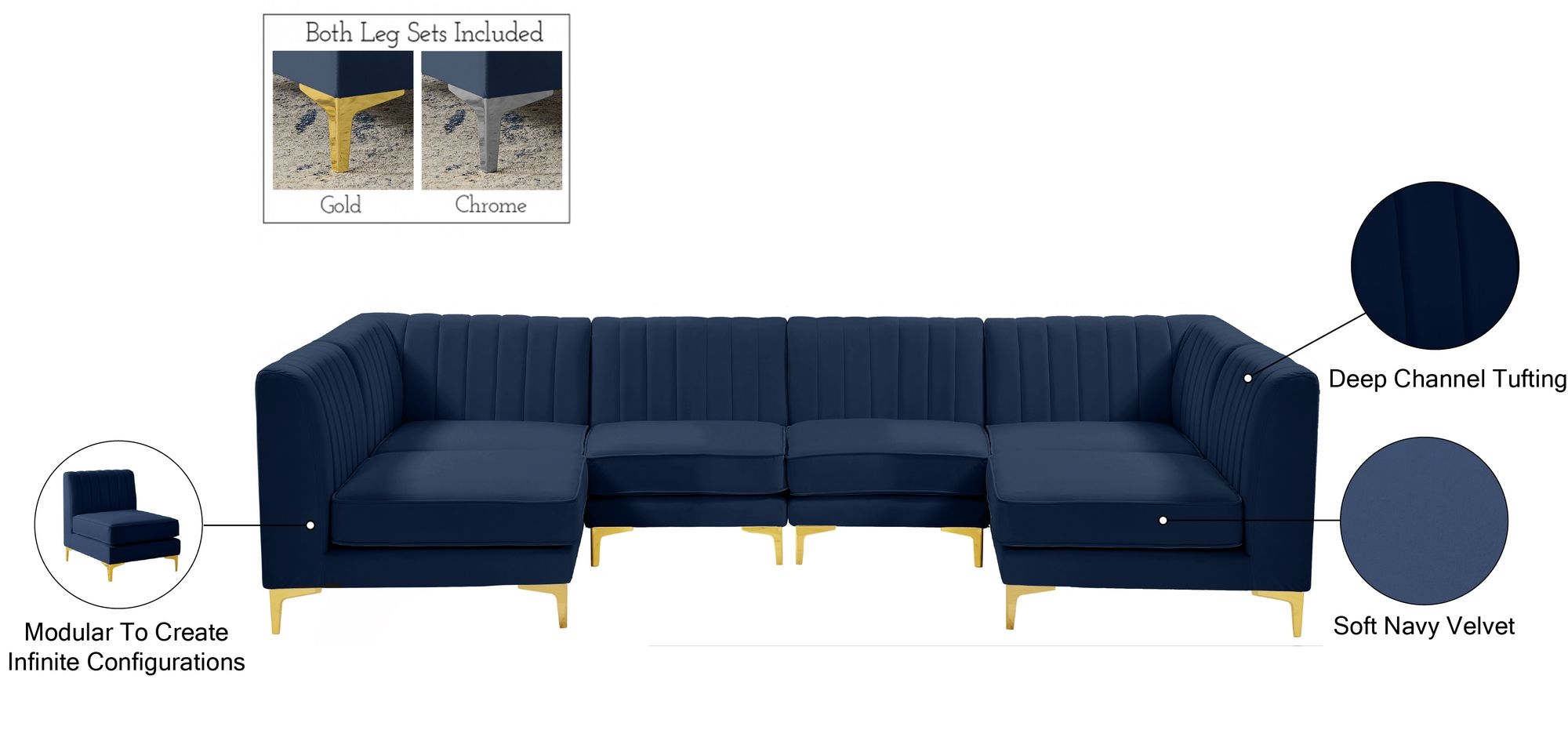 Alina 119" 6-Piece Velvet Modular U-Shape Sectional