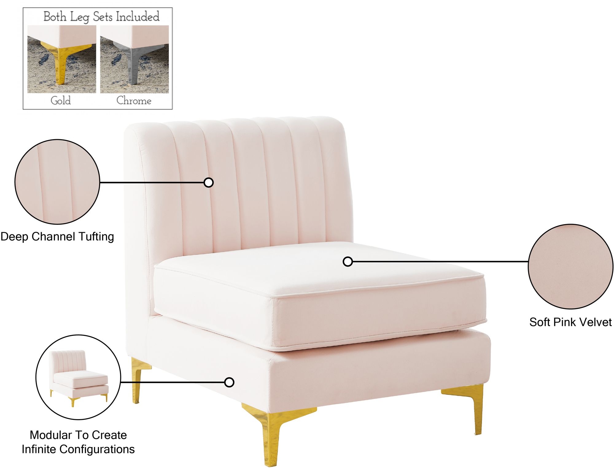 Alina Velvet Modular Armless Chair