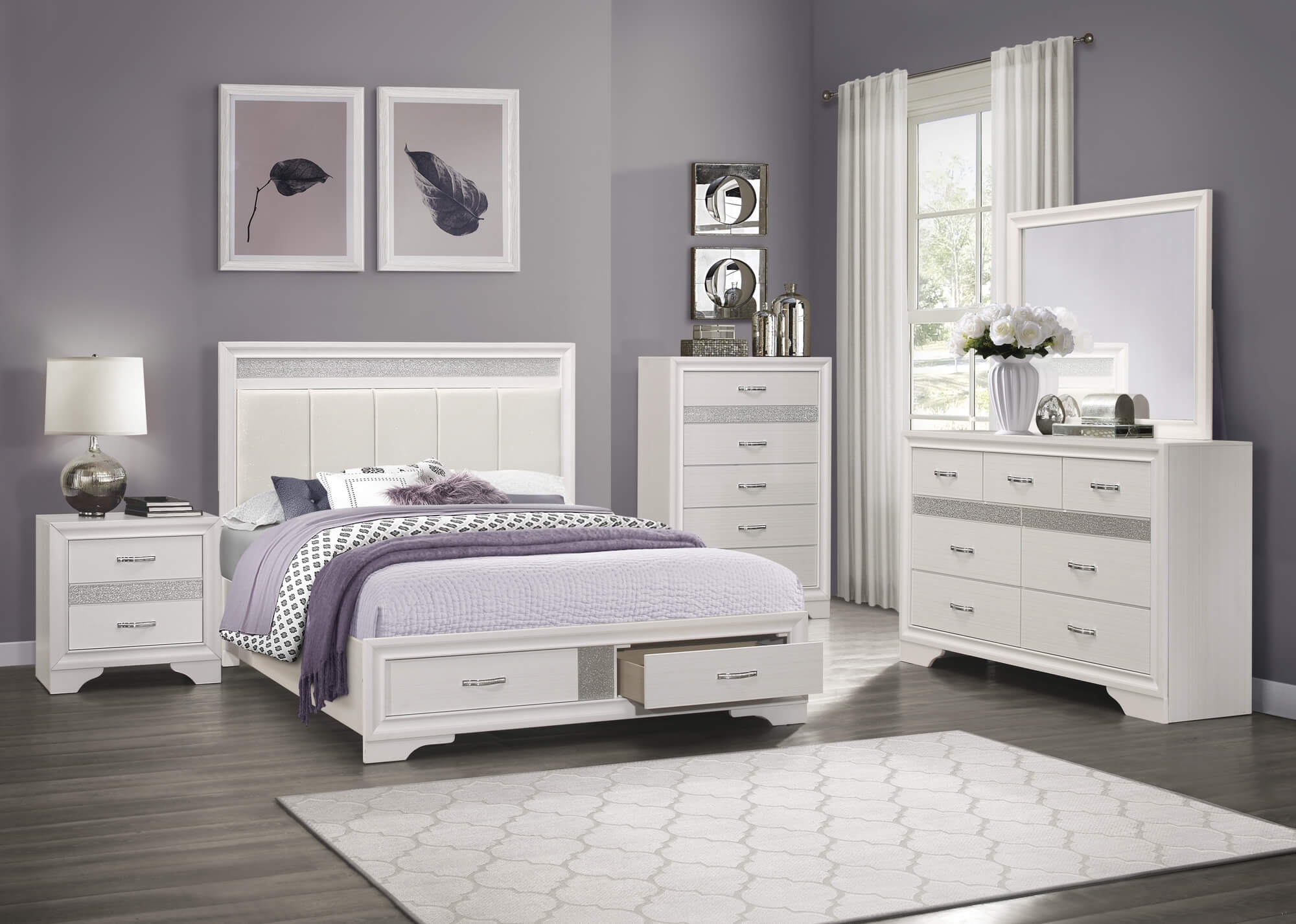 Headboard Bed with Mirrored Dresser 