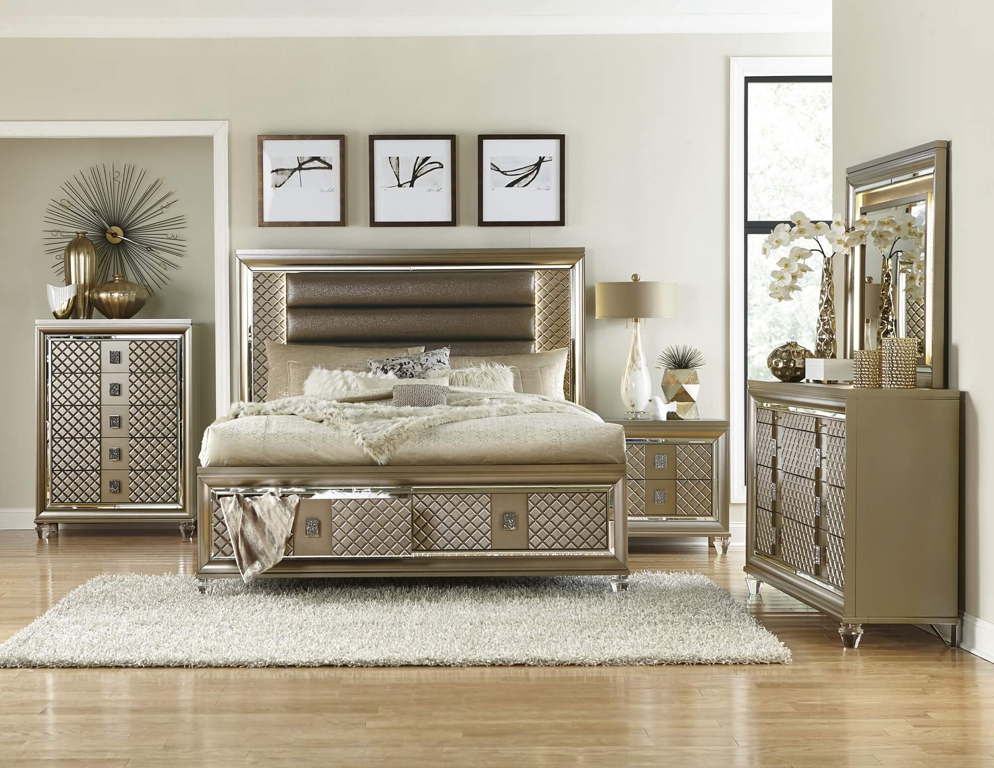 Loudon Leatherette/Mirrored/Wood Platform Storage Bed w/ LED Lighting, King Size