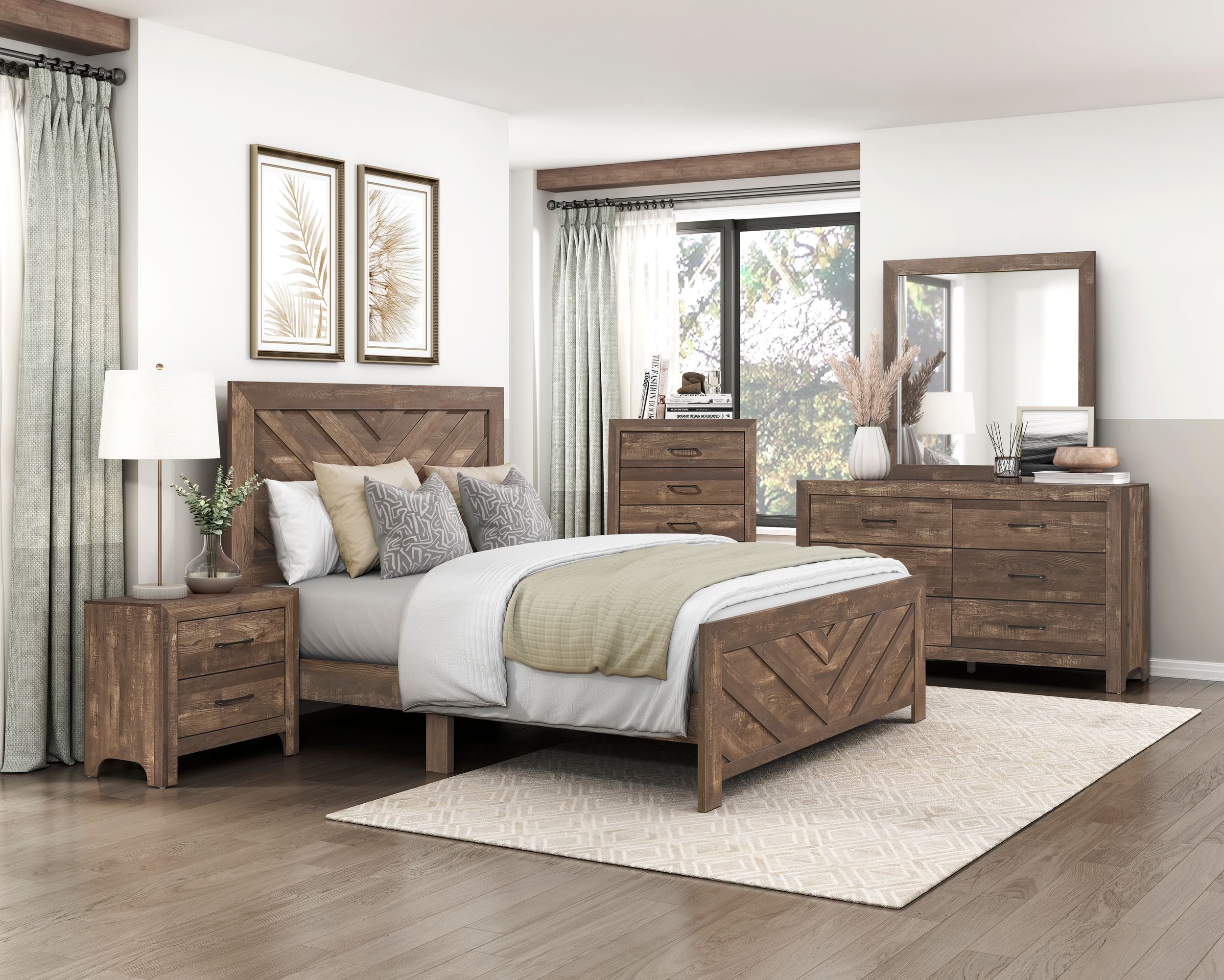 Corbin Faux Wood Veneer/Wood Chevron Pattern Eastern King Panel Bed