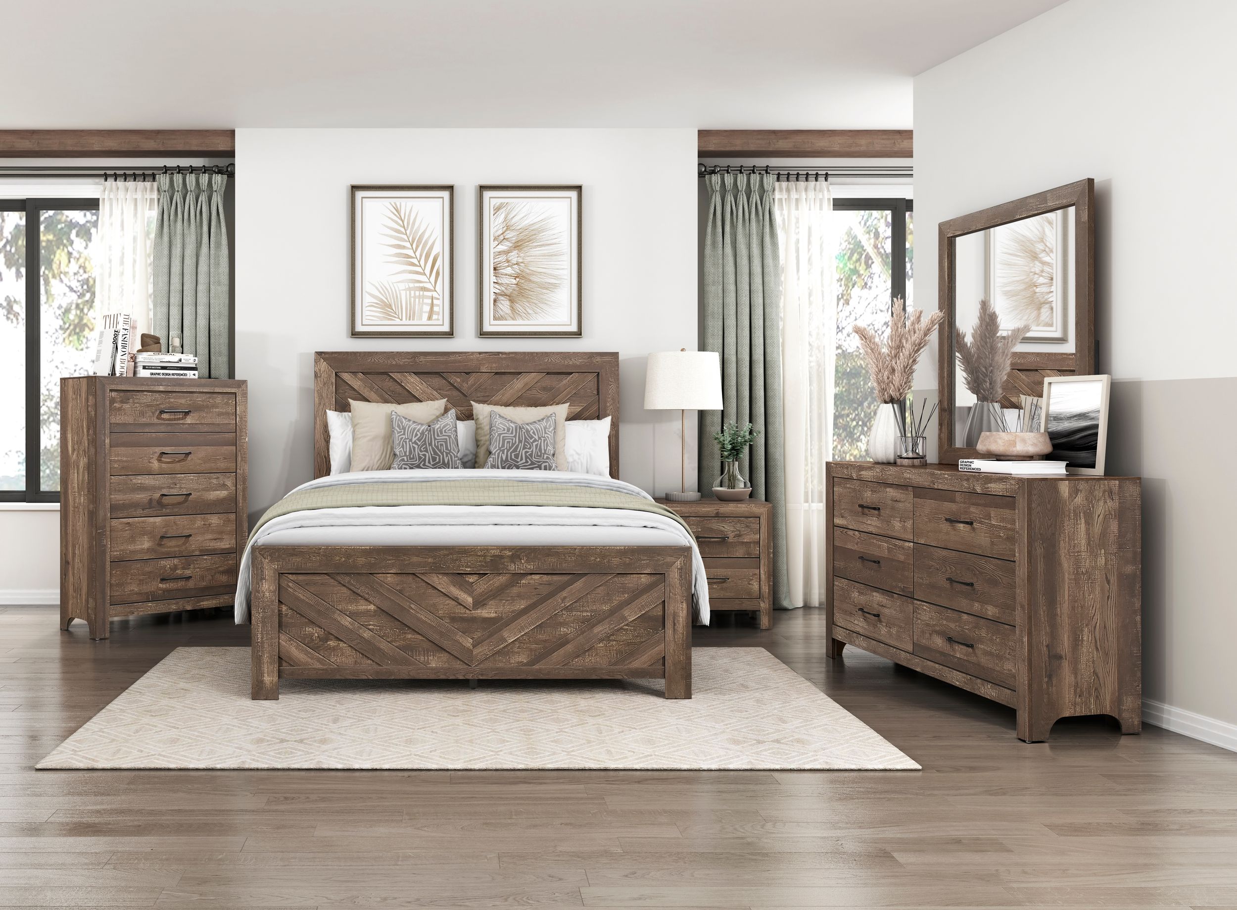 Corbin Faux Wood Veneer/Wood Chevron Pattern California King Panel Bed