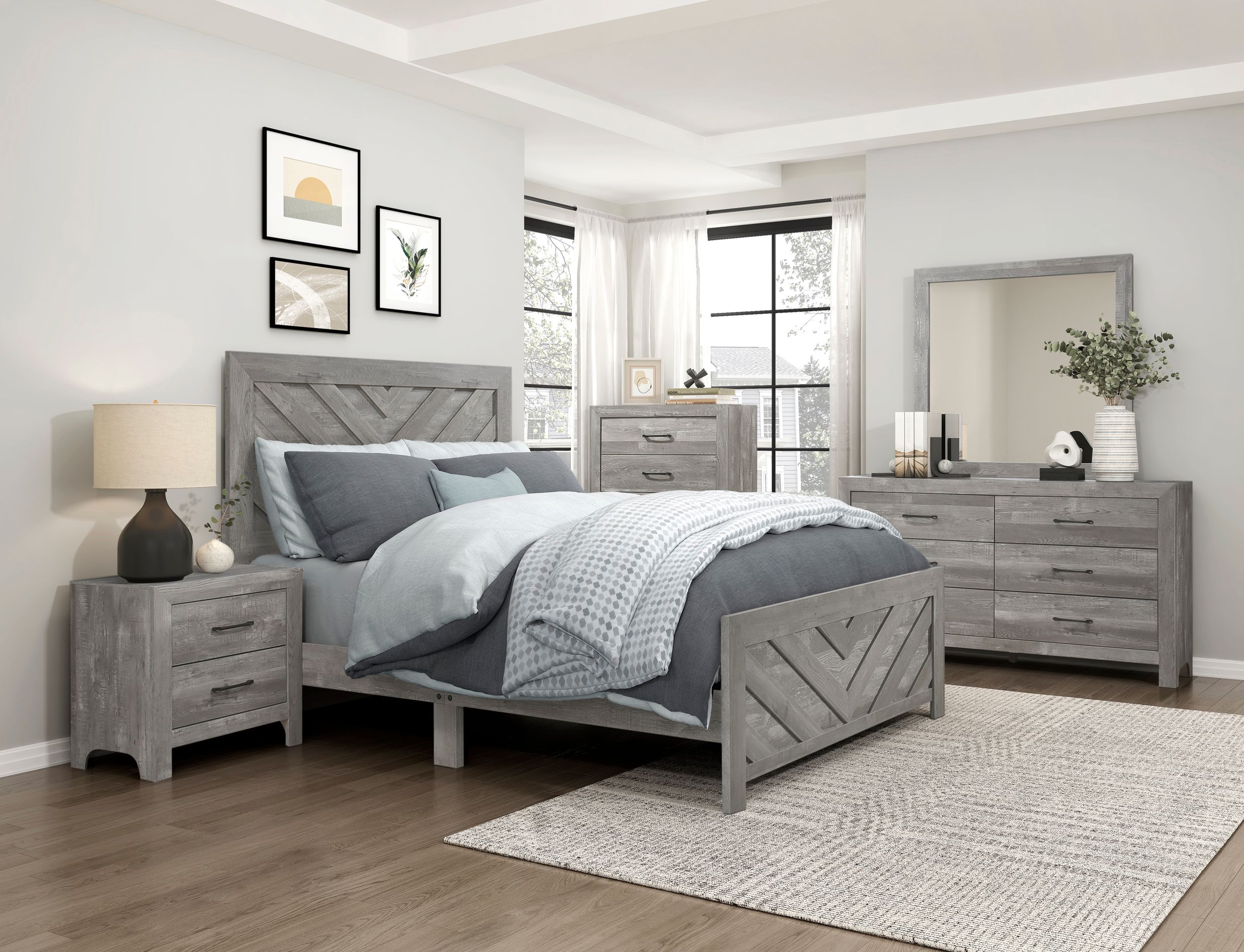 Corbin Faux Wood Veneer/Wood Chevron Pattern Full Panel Bed 