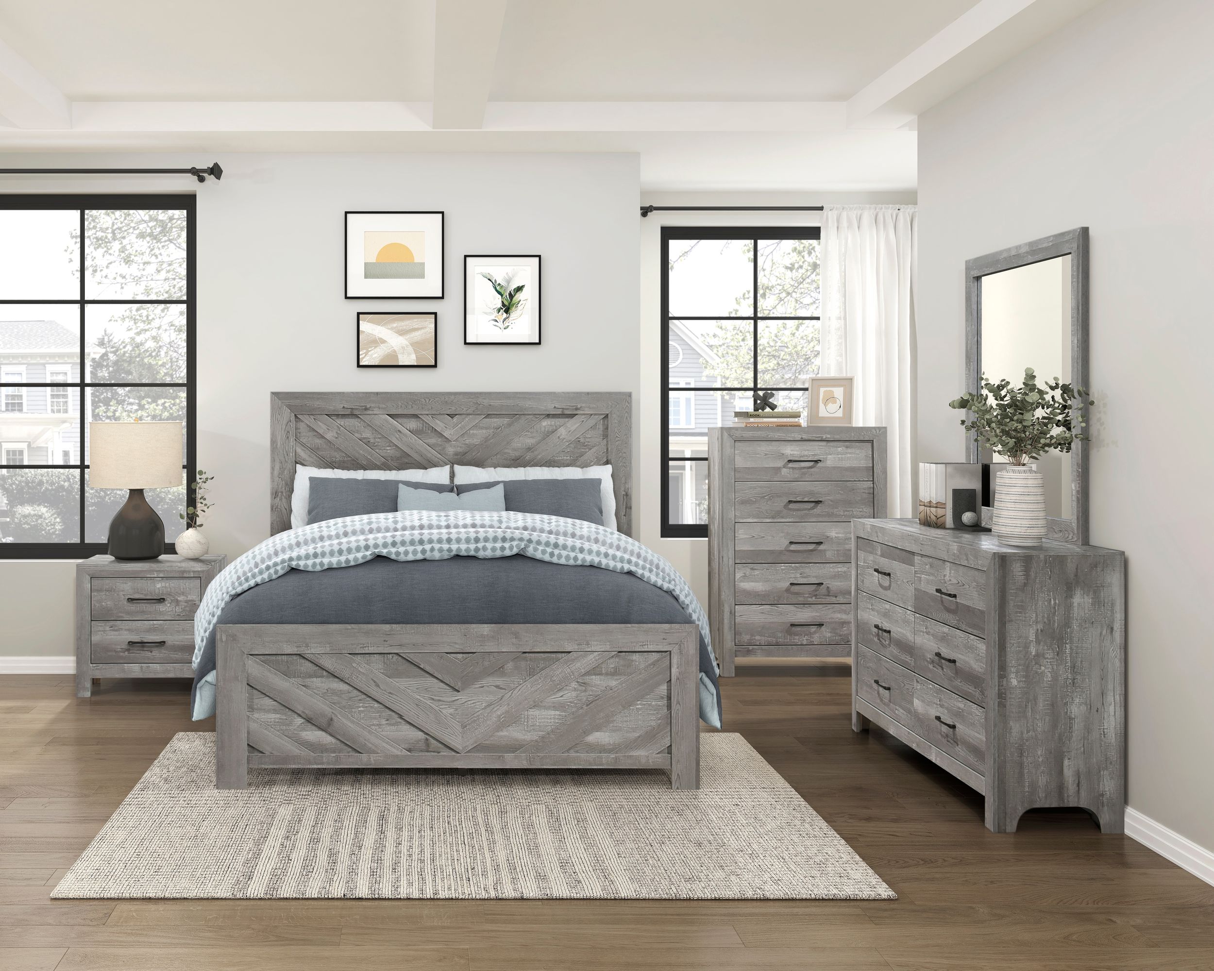 Corbin Faux Wood Veneer/Wood Chevron Pattern California King Panel Bed
