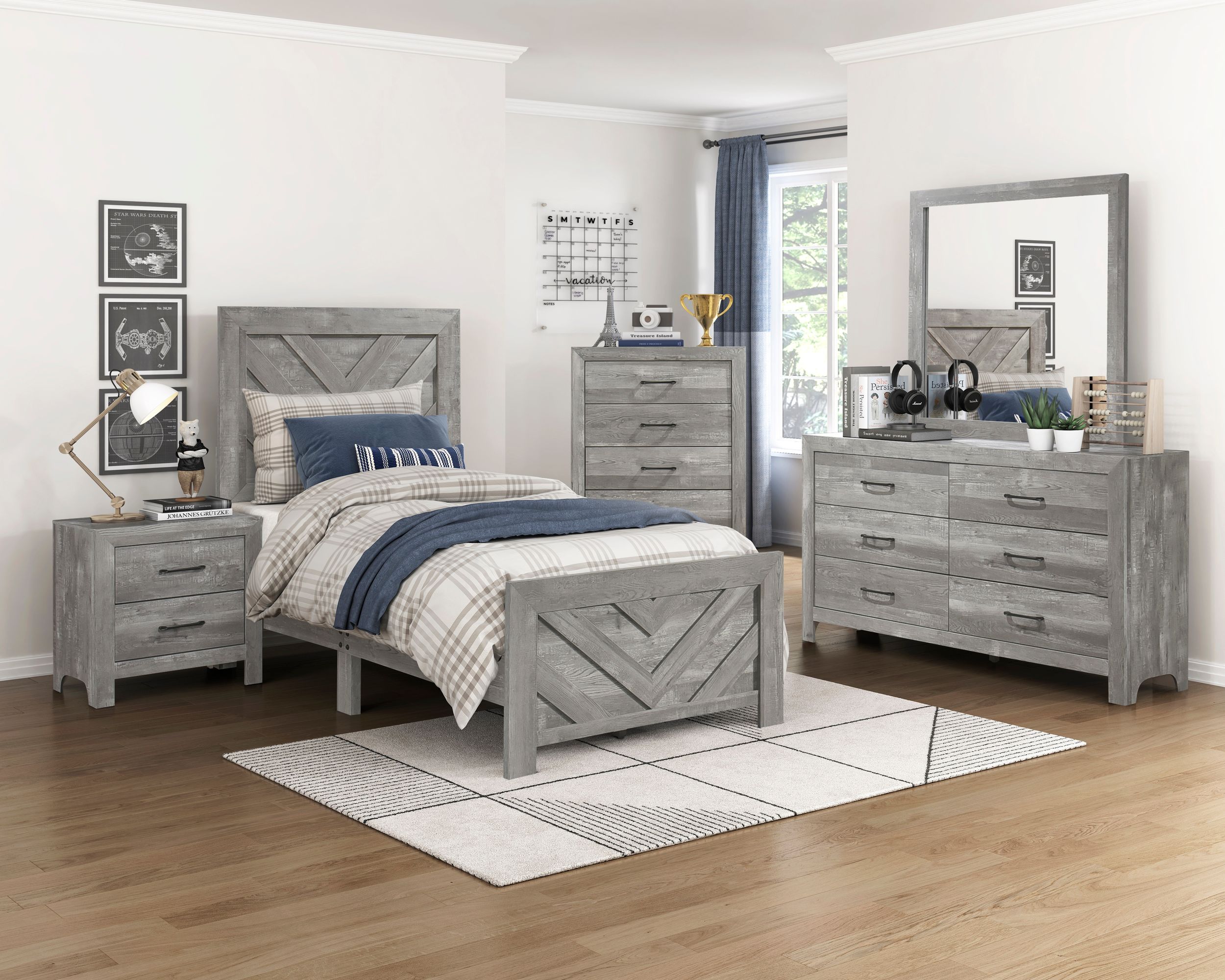 Corbin Faux Wood Veneer/Wood Chevron Pattern Panel Bed