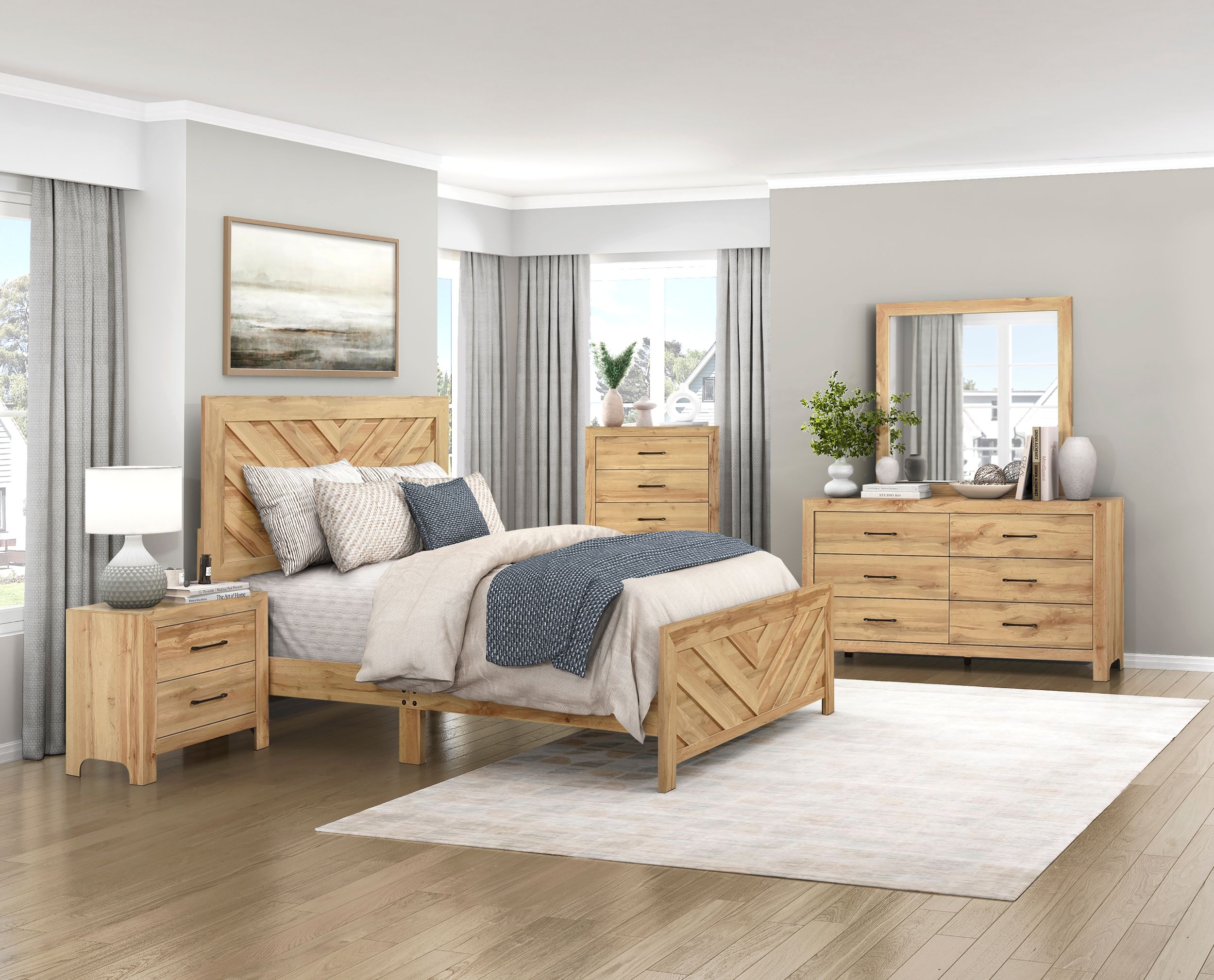 Corbin Faux Wood Veneer/Wood Chevron Pattern Queen Panel Bed