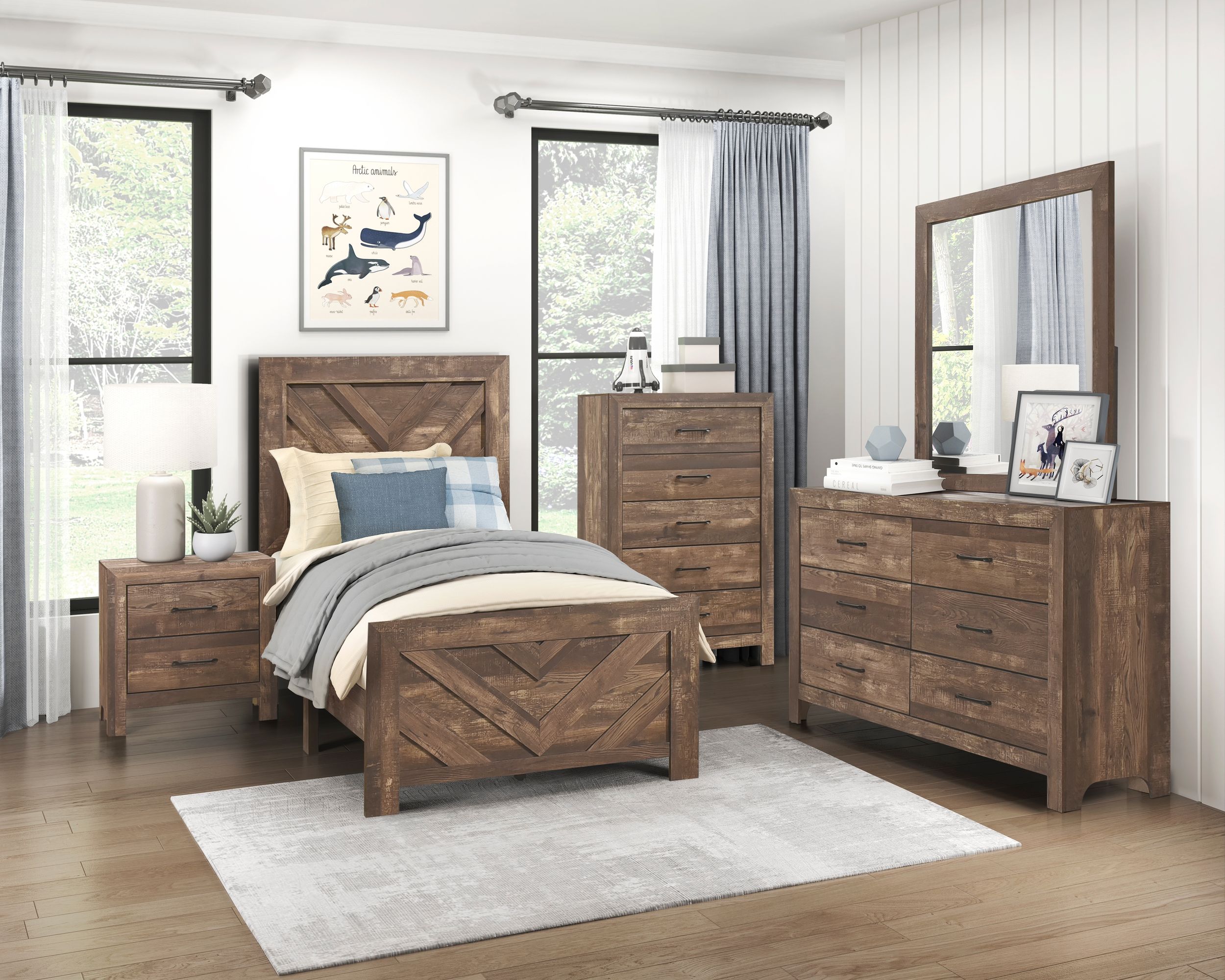 Corbin Faux Wood Veneer/Wood Chevron Pattern Panel Bed