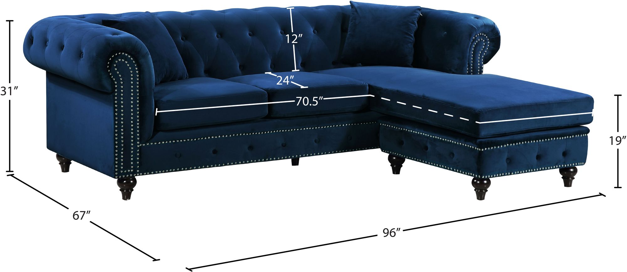 Sabrina 96" 2-Piece Velvet Reversible Sectional