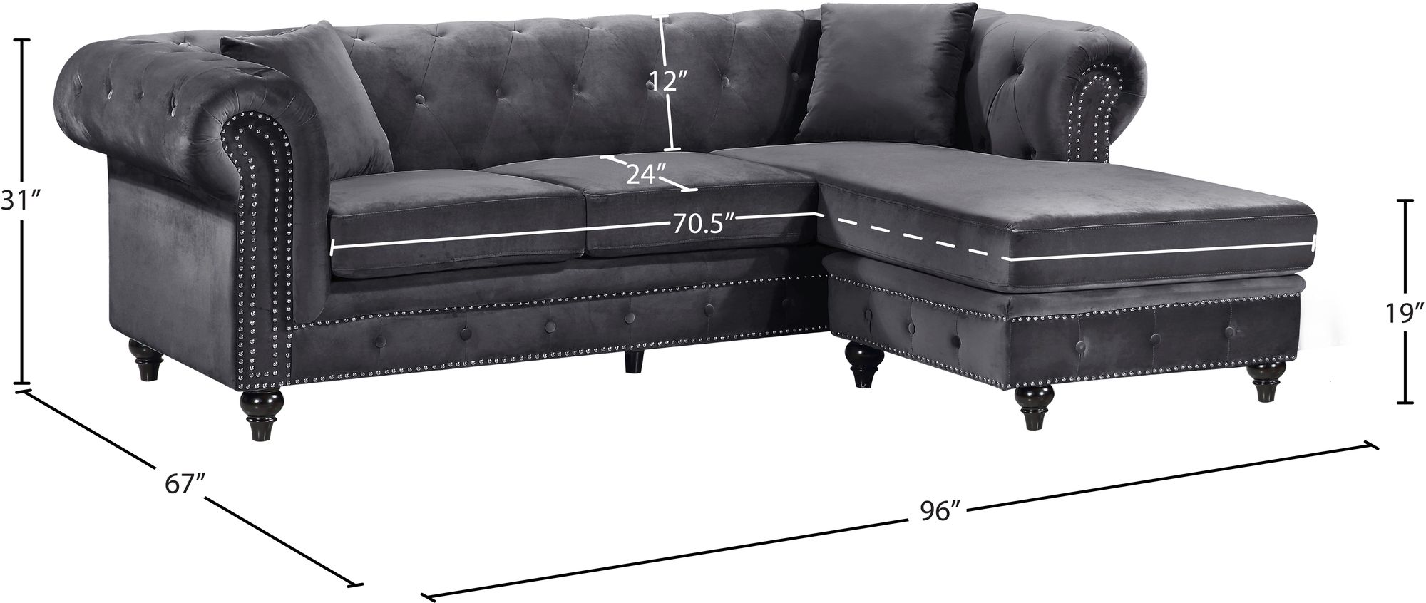 Sabrina 96" 2-Piece Velvet Reversible Sectional