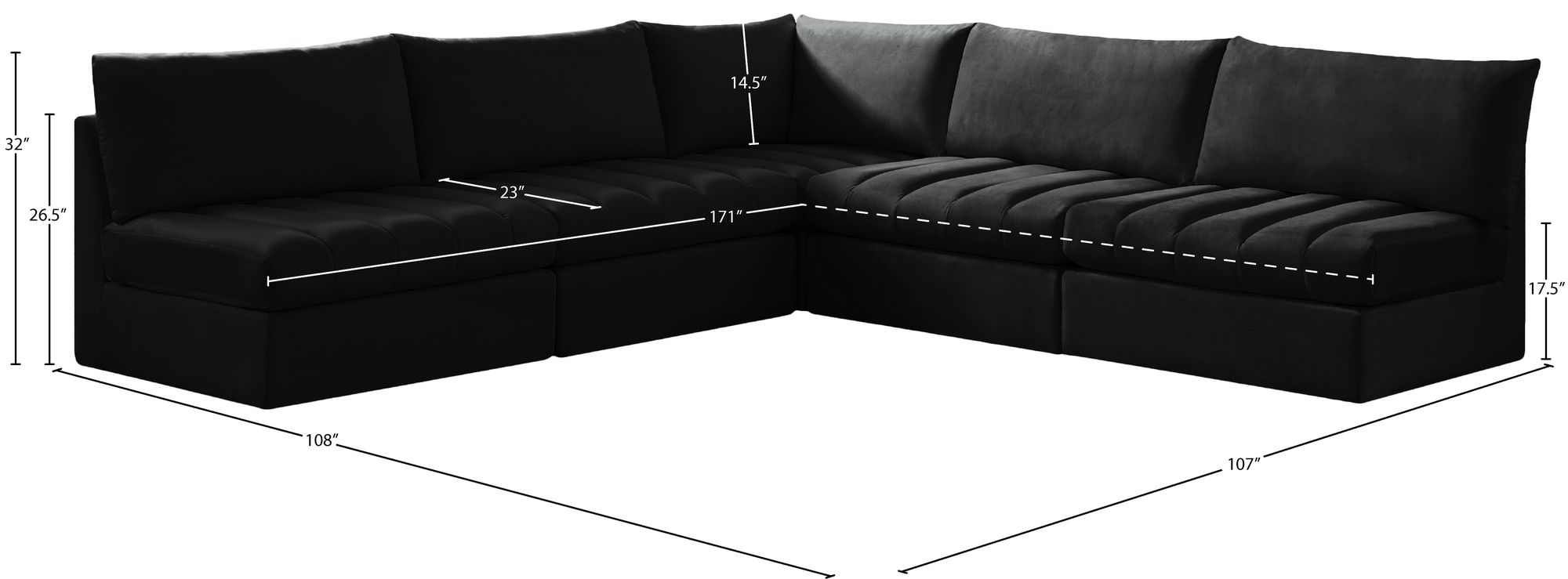 Meridian Jacob 107" 5-Pc Black Sectional Size