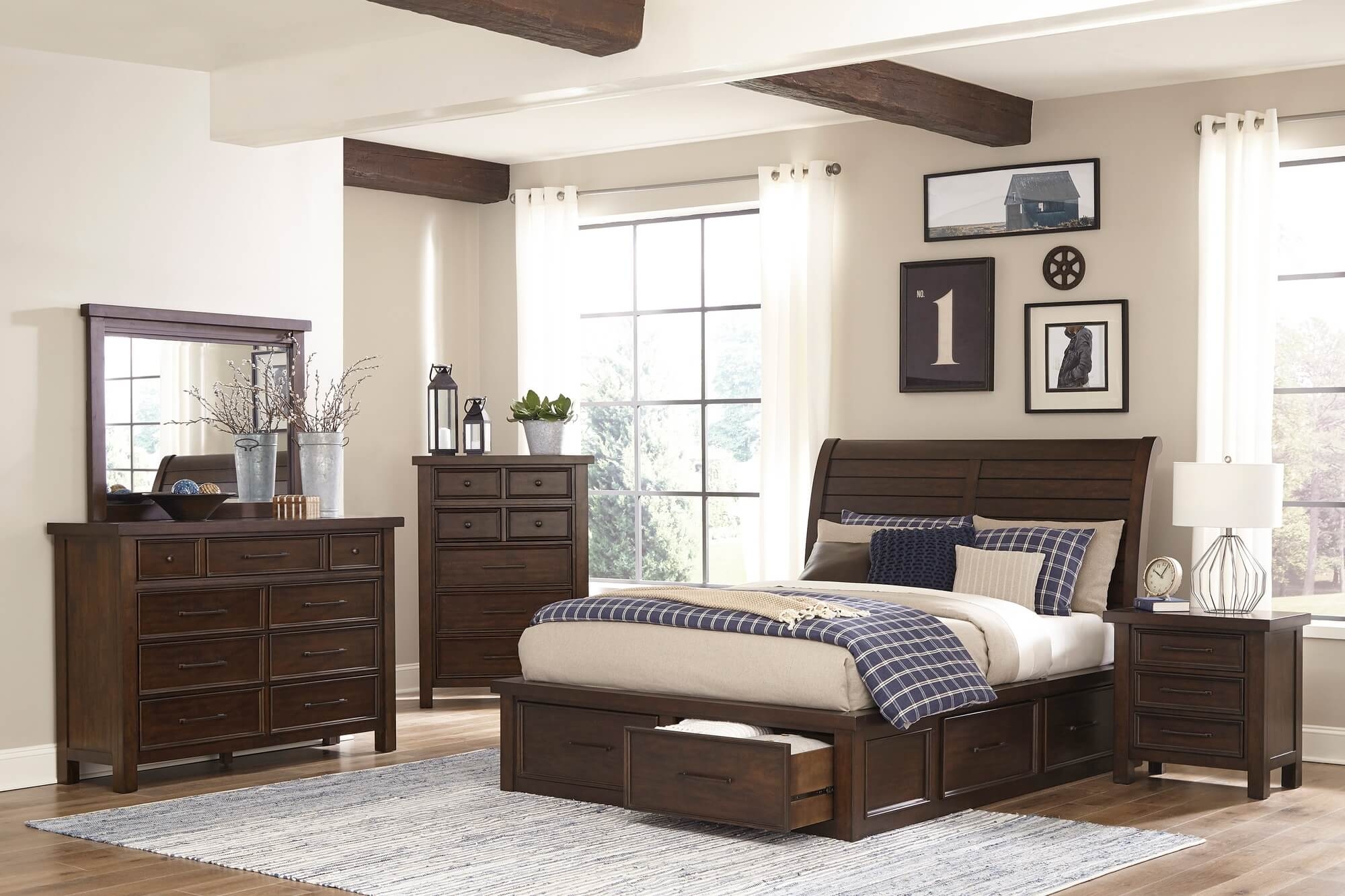 Headboard Bed with Mirrored Dresser 