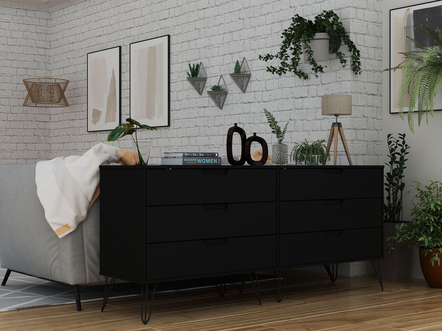 Rockefeller 6-Drawer Low MDF Double Dresser w/Metal Legs