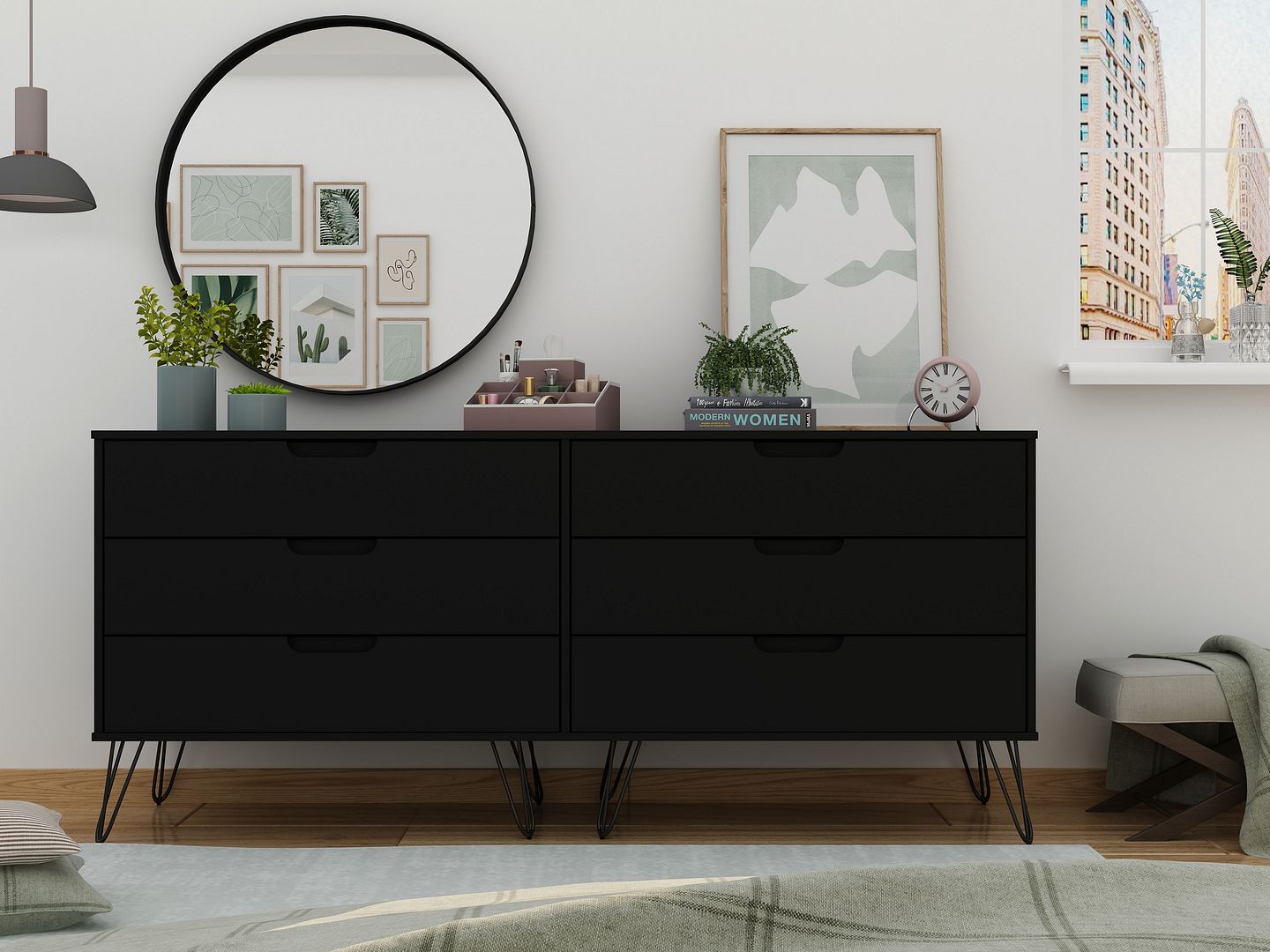 Rockefeller 6-Drawer Low MDF Double Dresser w/Metal Legs