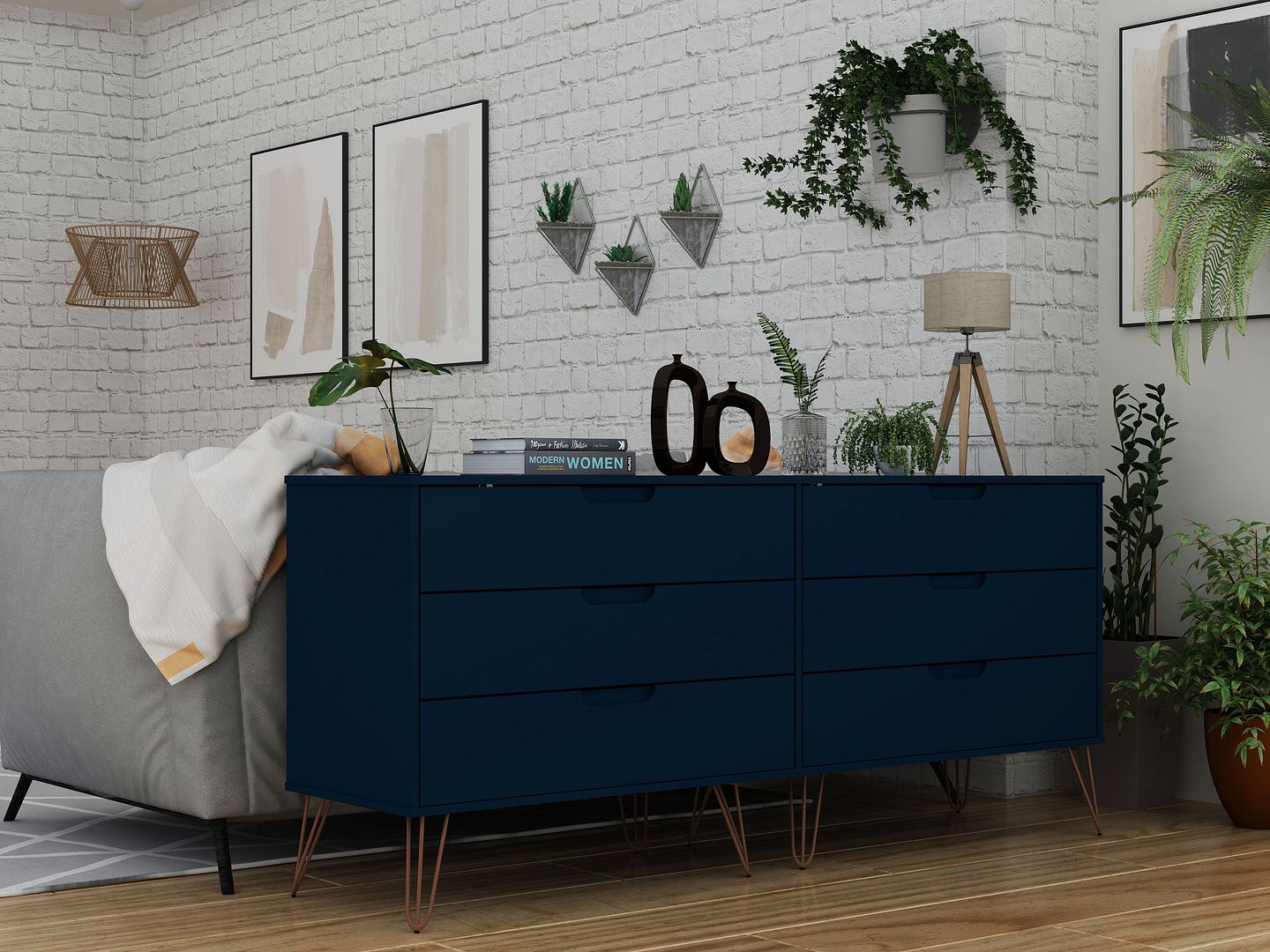 Rockefeller 6-Drawer Low MDF Double Dresser w/Metal Legs