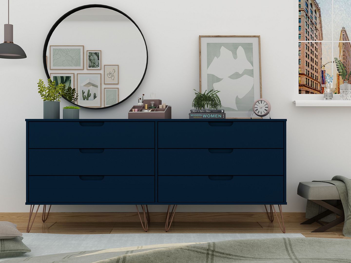 Rockefeller 6-Drawer Low MDF Double Dresser w/Metal Legs