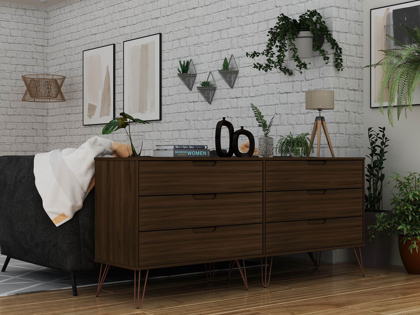 Rockefeller 6-Drawer Low MDF Double Dresser w/Metal Legs
