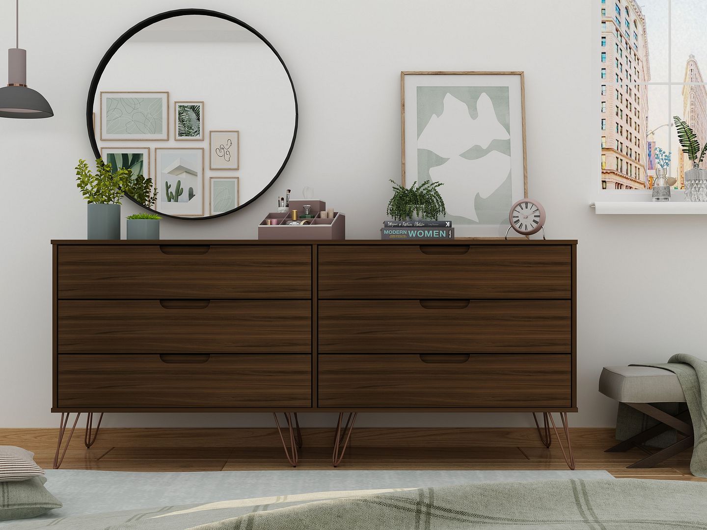 Rockefeller 6-Drawer Low MDF Double Dresser w/Metal Legs