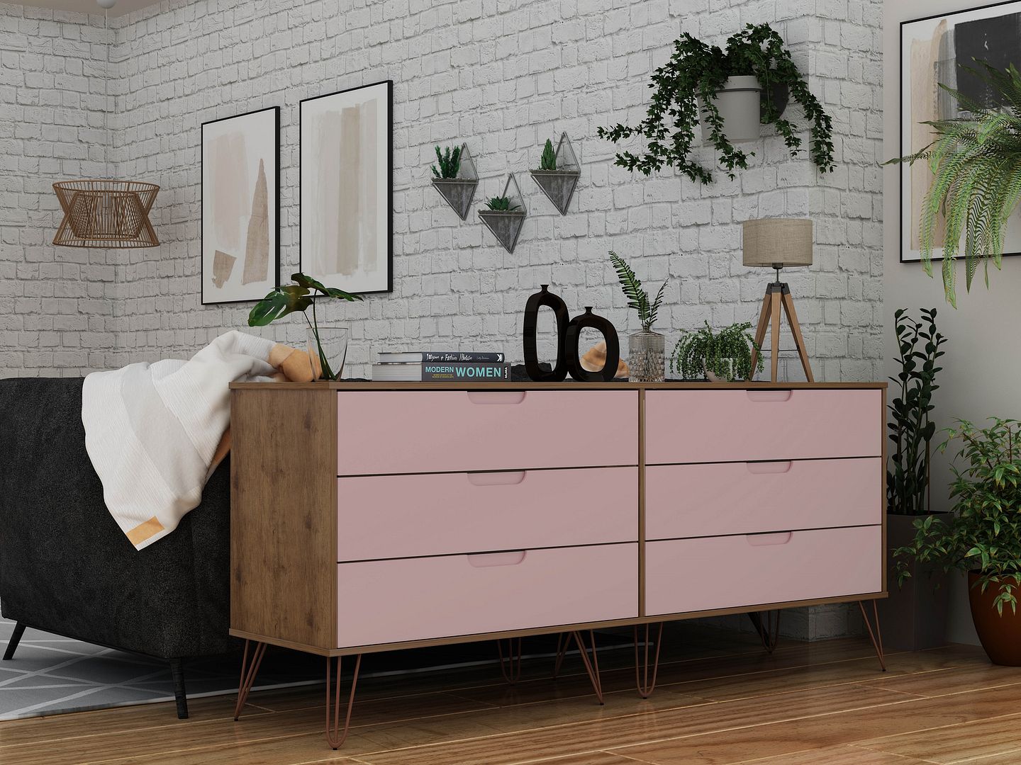 Rockefeller 6-Drawer Low MDF Double Dresser w/Metal Legs