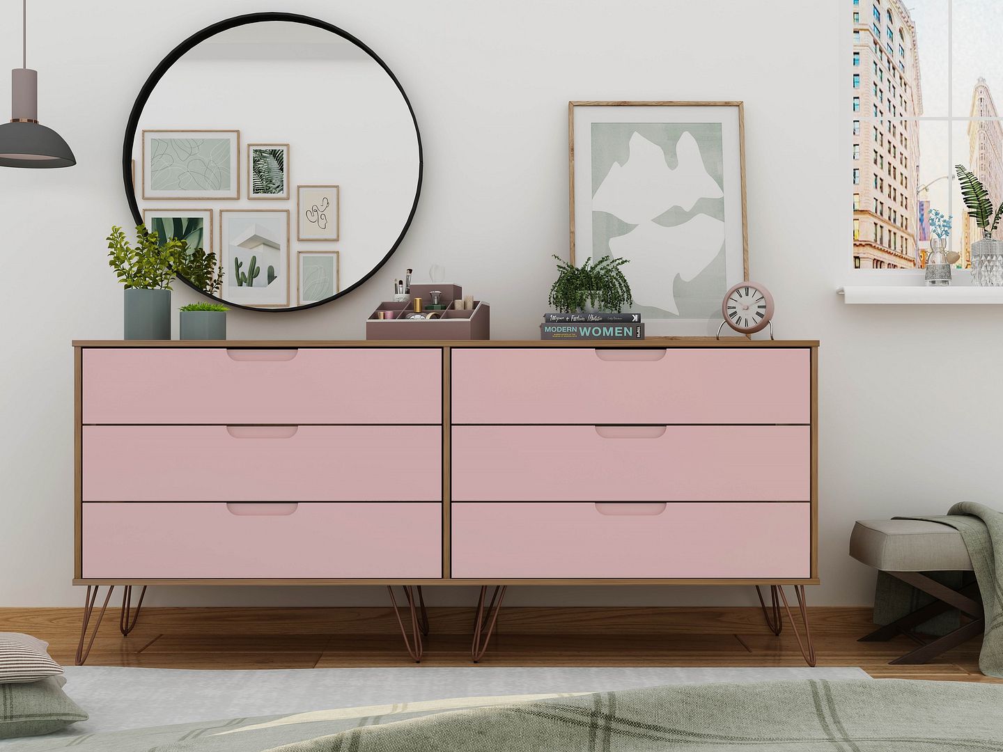 Rockefeller 6-Drawer Low MDF Double Dresser w/Metal Legs