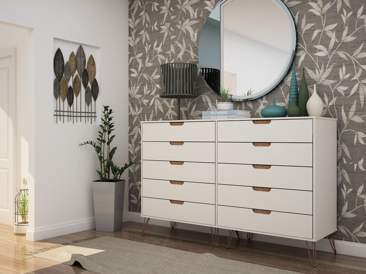 Rockefeller 10-Drawer Tall MDF Double Dresser w/Metal Legs