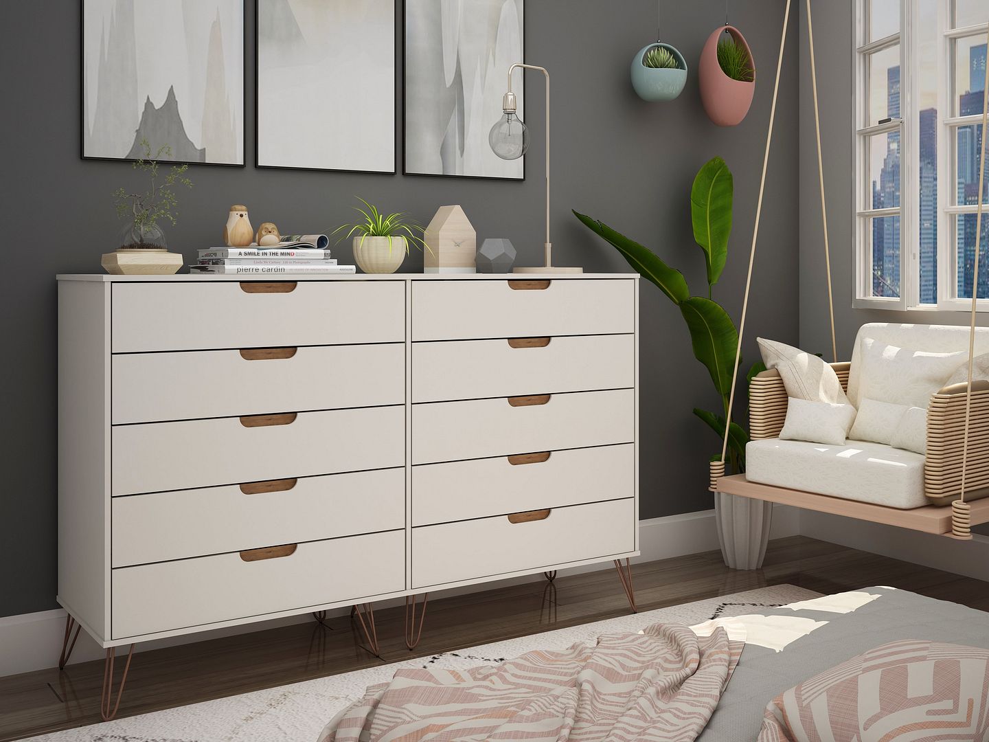 Rockefeller 10-Drawer Tall MDF Double Dresser w/Metal Legs
