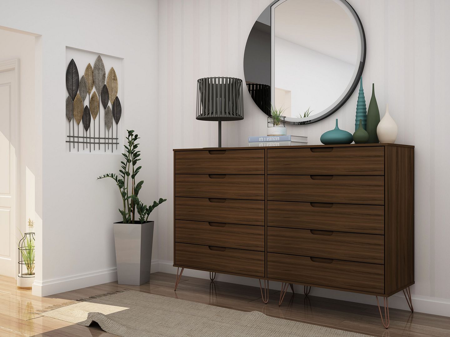 Rockefeller 10-Drawer Tall MDF Double Dresser w/Metal Legs