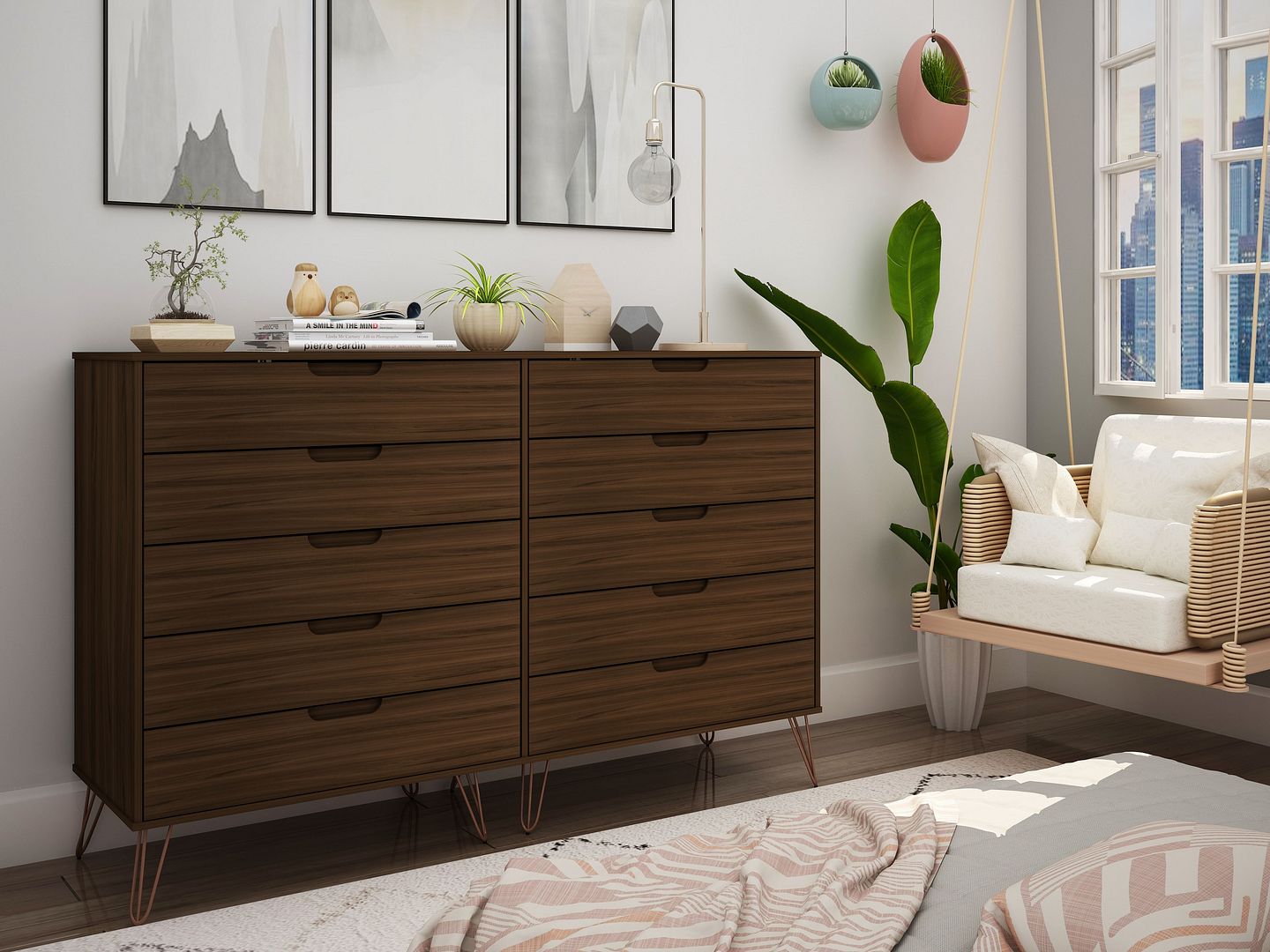 Rockefeller 10-Drawer Tall MDF Double Dresser w/Metal Legs