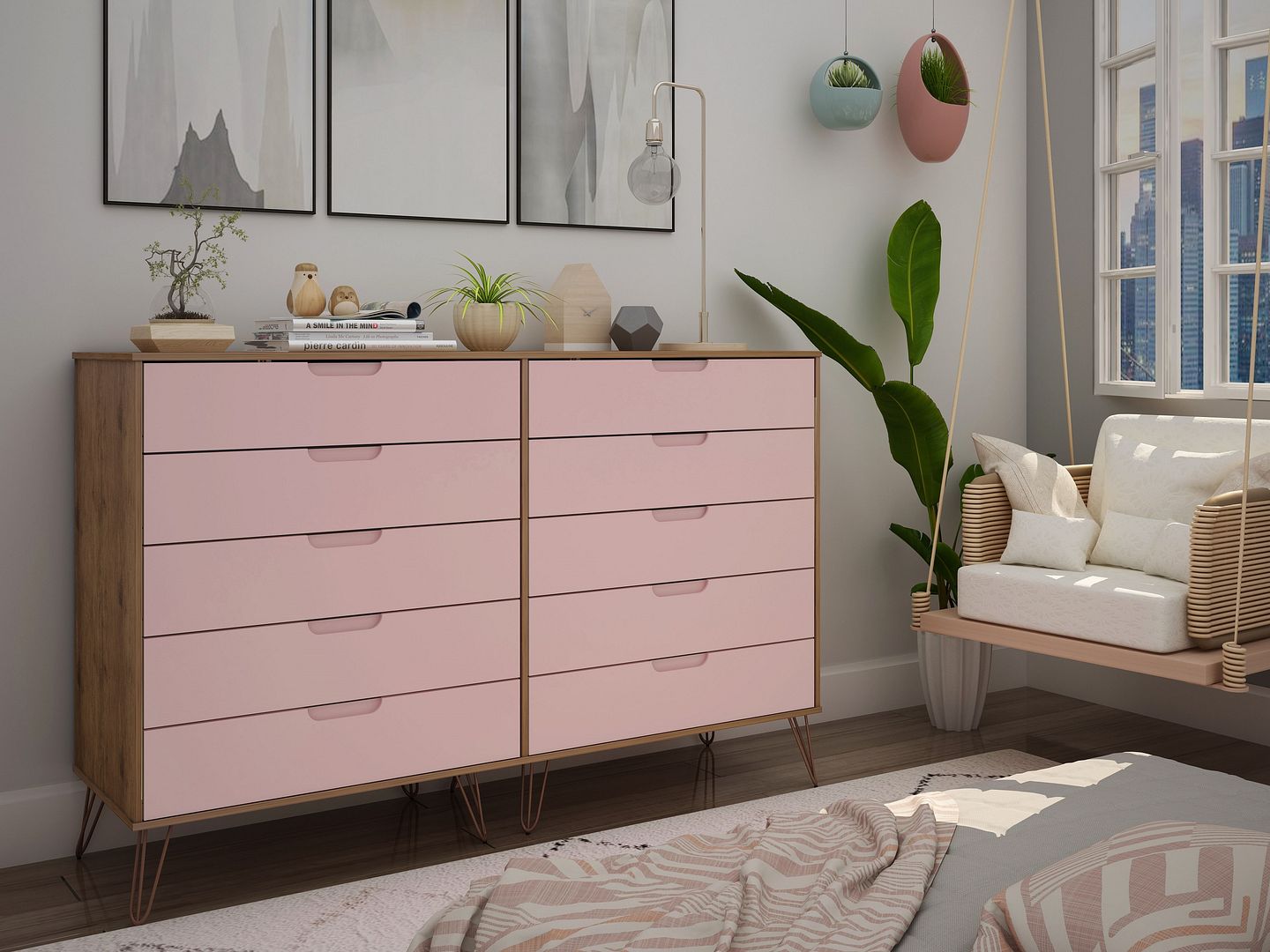 Living Room 10-Drawer Tall MDF Double Dresser w/Metal Legs