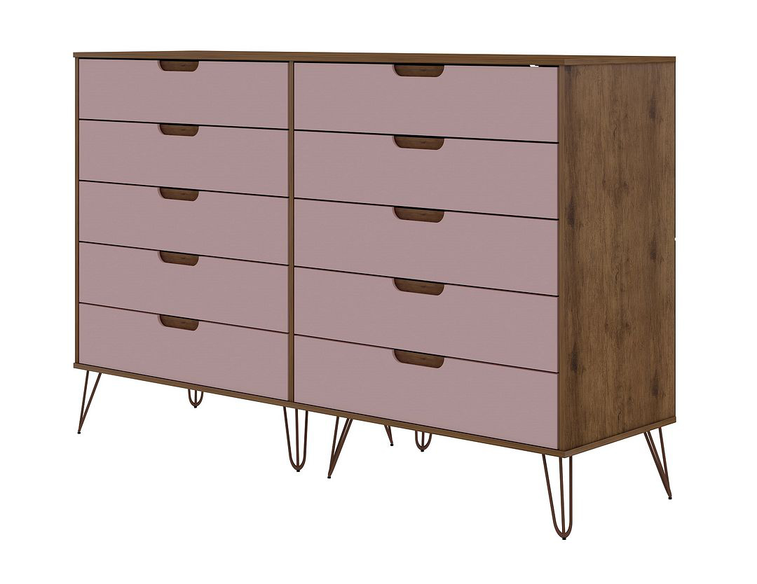 Manhattan Comfort Rockefeller Tall MDF Double Dresser, Nature/Pink