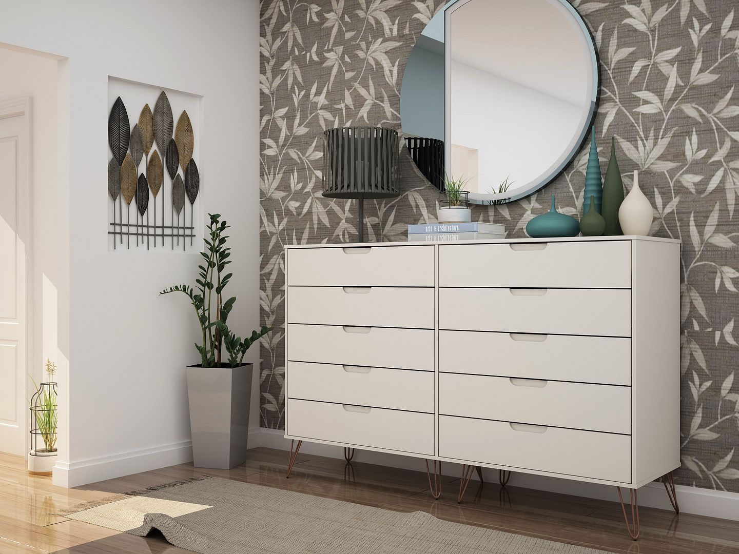Rockefeller 10-Drawer Tall MDF Double Dresser w/Metal Legs