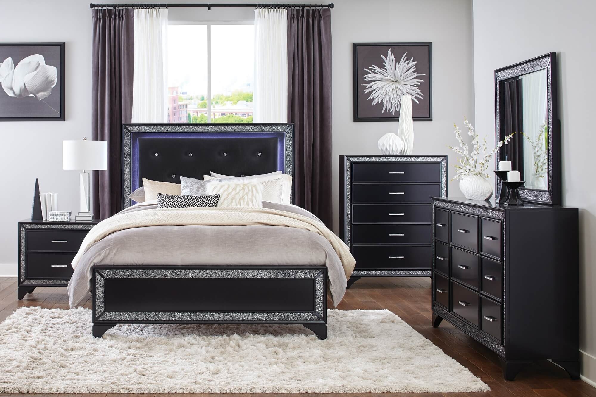 Salon Tufted Leatherette Queen Size Bed w/ LED Lighting