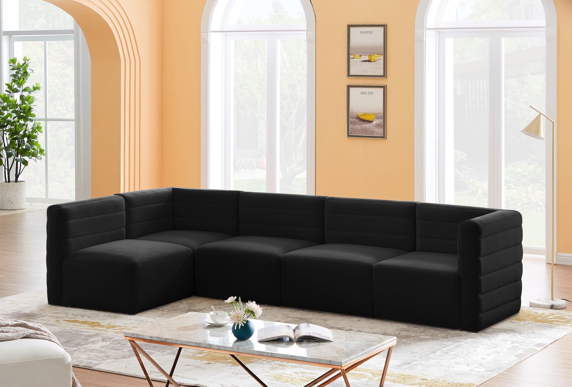 Quincy 126" 5-Piece Velvet Modular Comfort Sectional