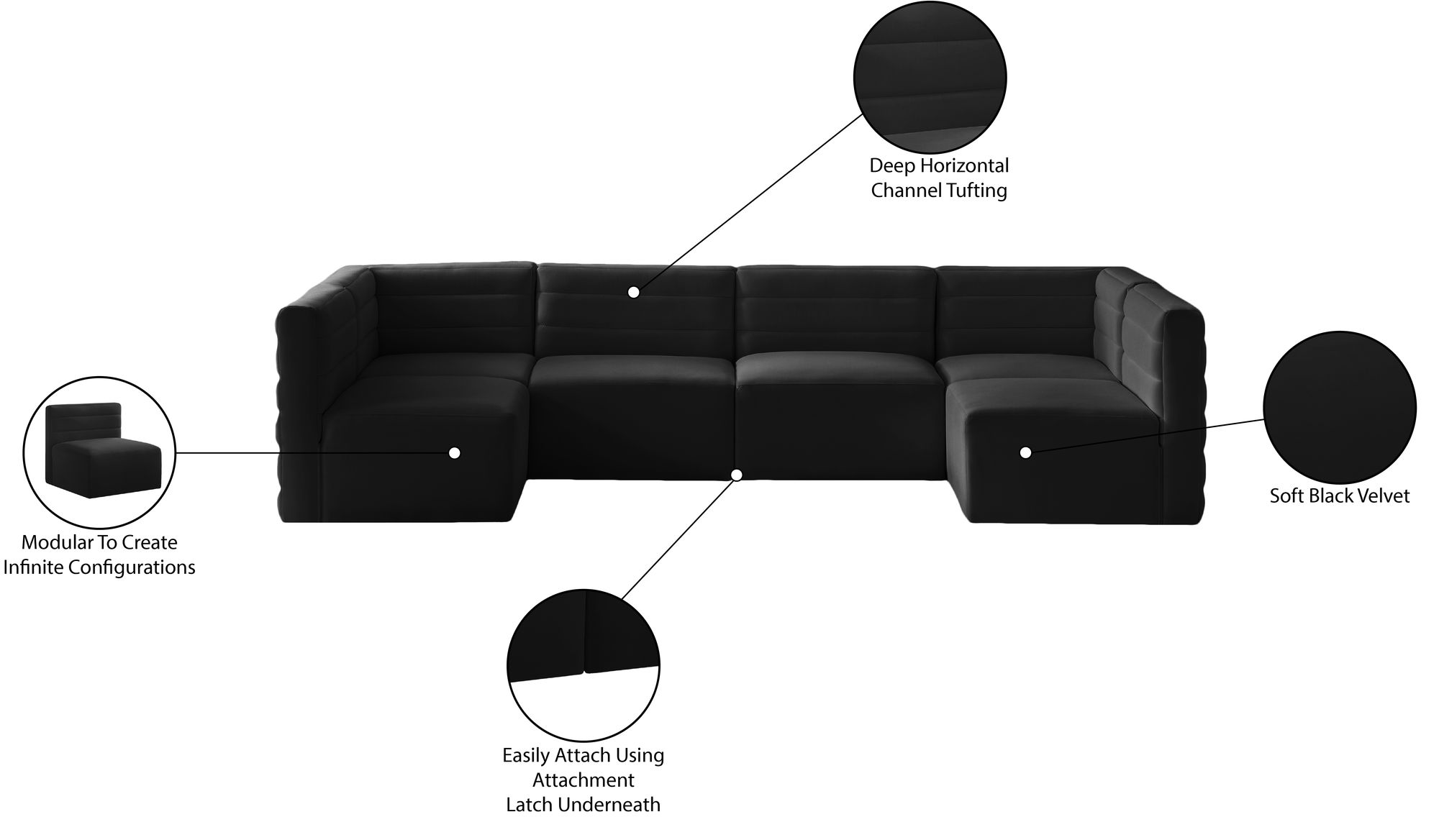 Quincy 126" 6-Piece Velvet Modular Comfort U-Shape Sectional