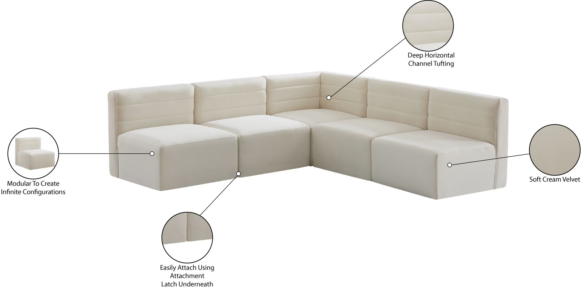 Quincy 95" 5-Piece Velvet Modular Comfort Armless Sectional
