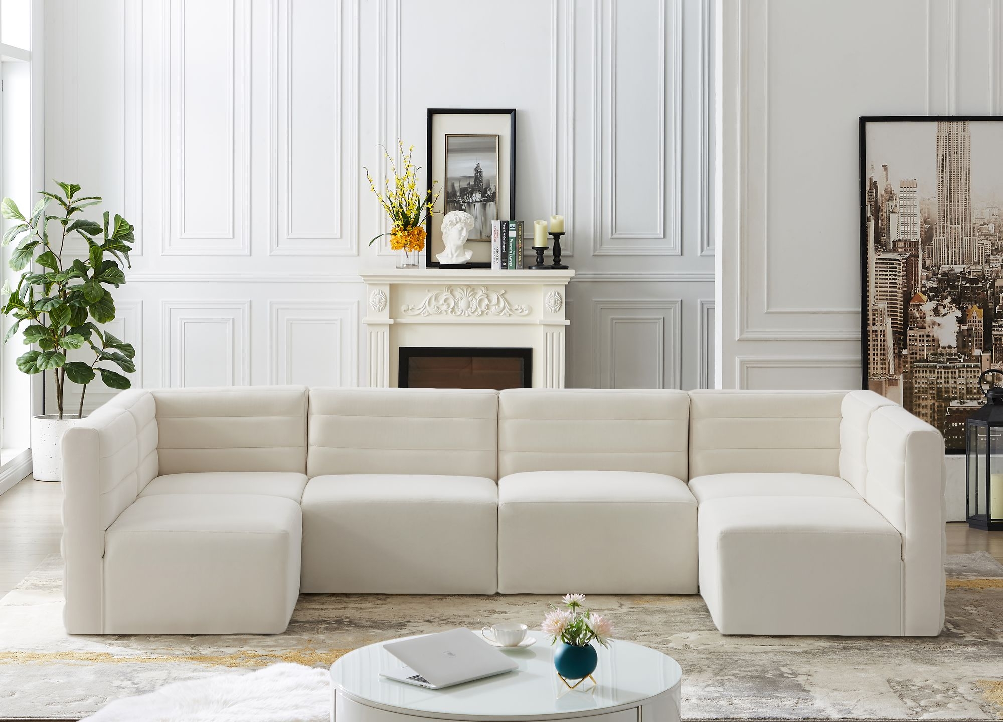 Quincy 126" 6-Piece Velvet Modular Comfort U-Shape Sectional
