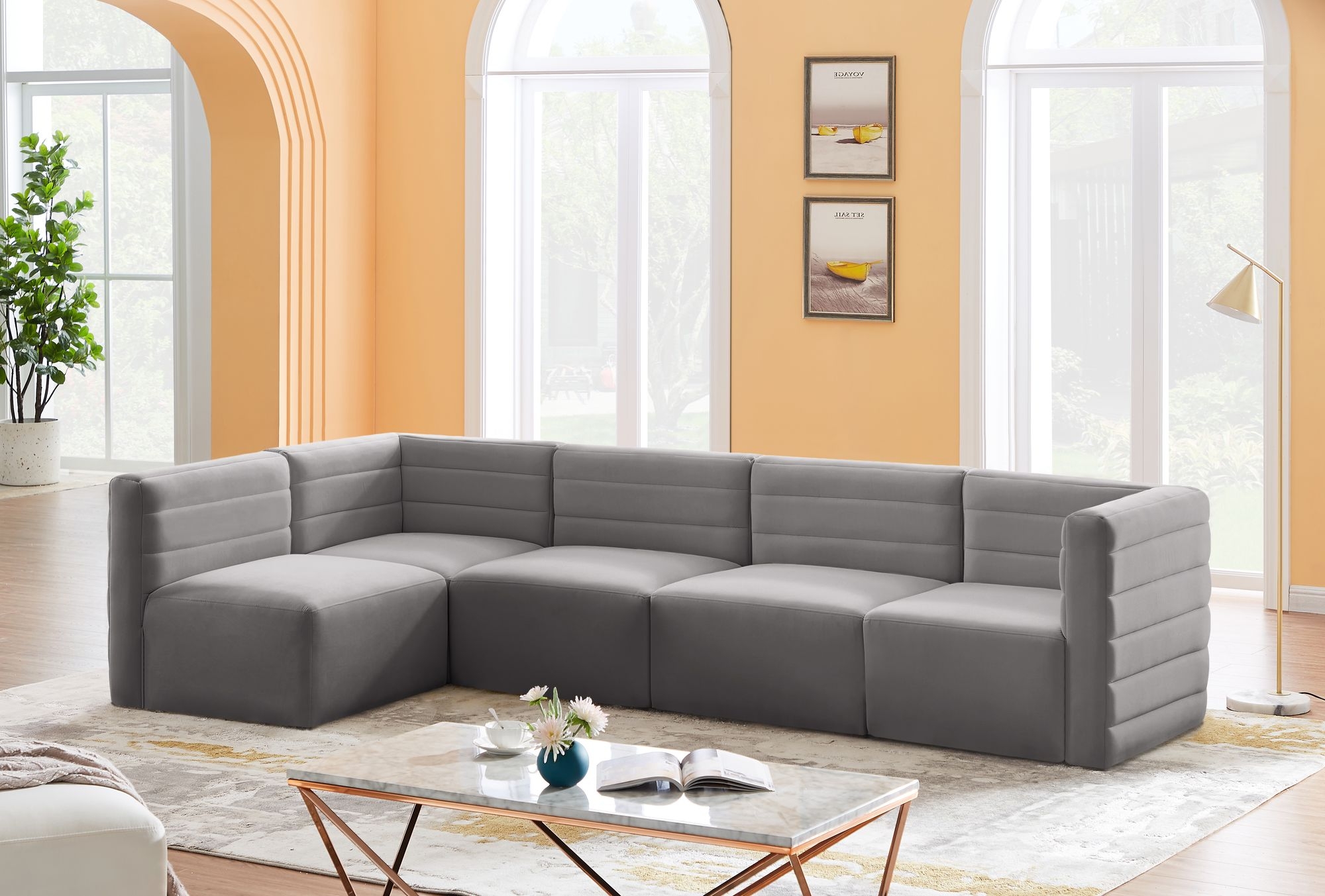 Quincy 126" 5-Piece Velvet Modular Comfort Sectional