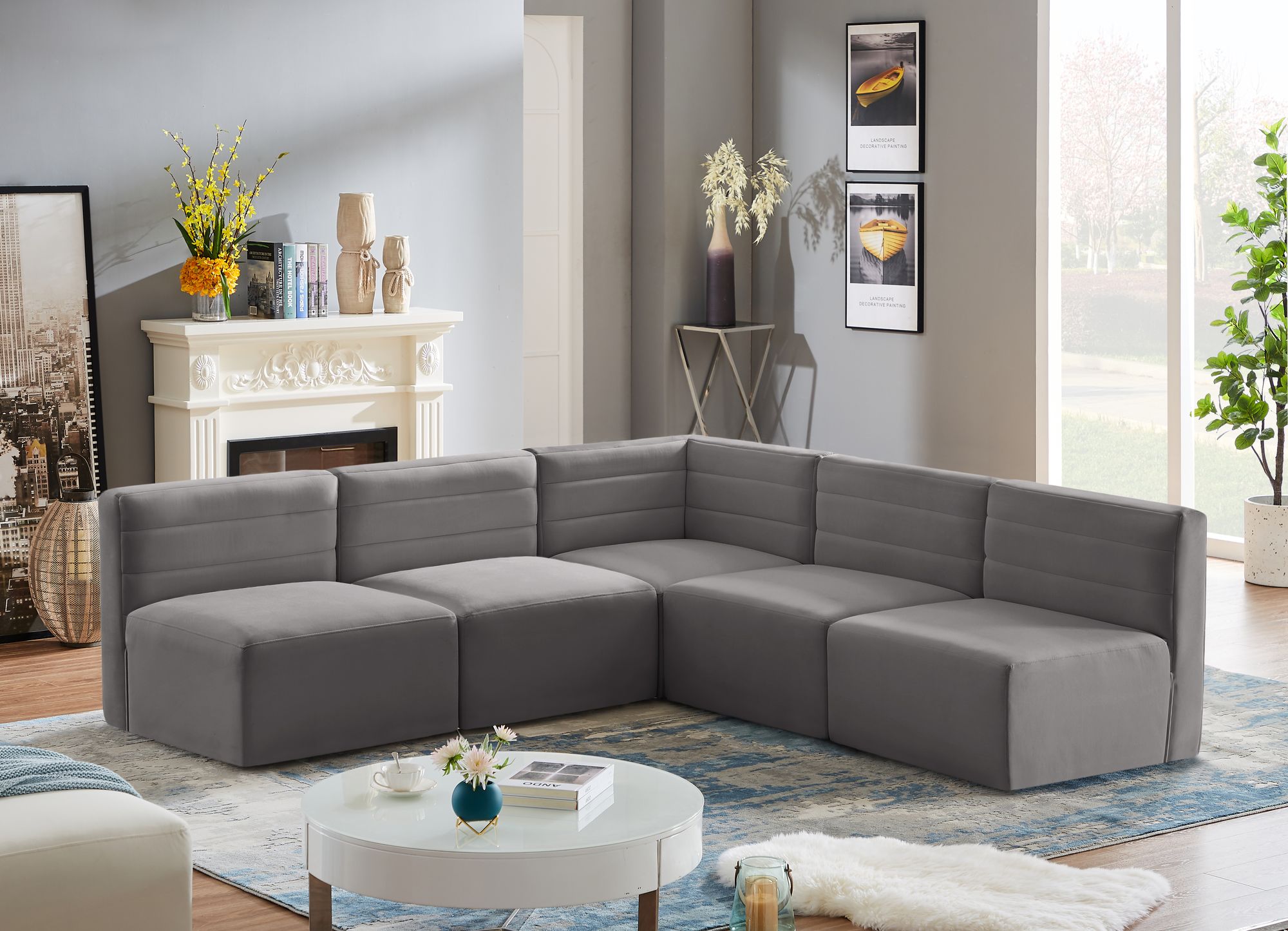 Quincy 95" 5-Piece Velvet Modular Comfort Armless Sectional