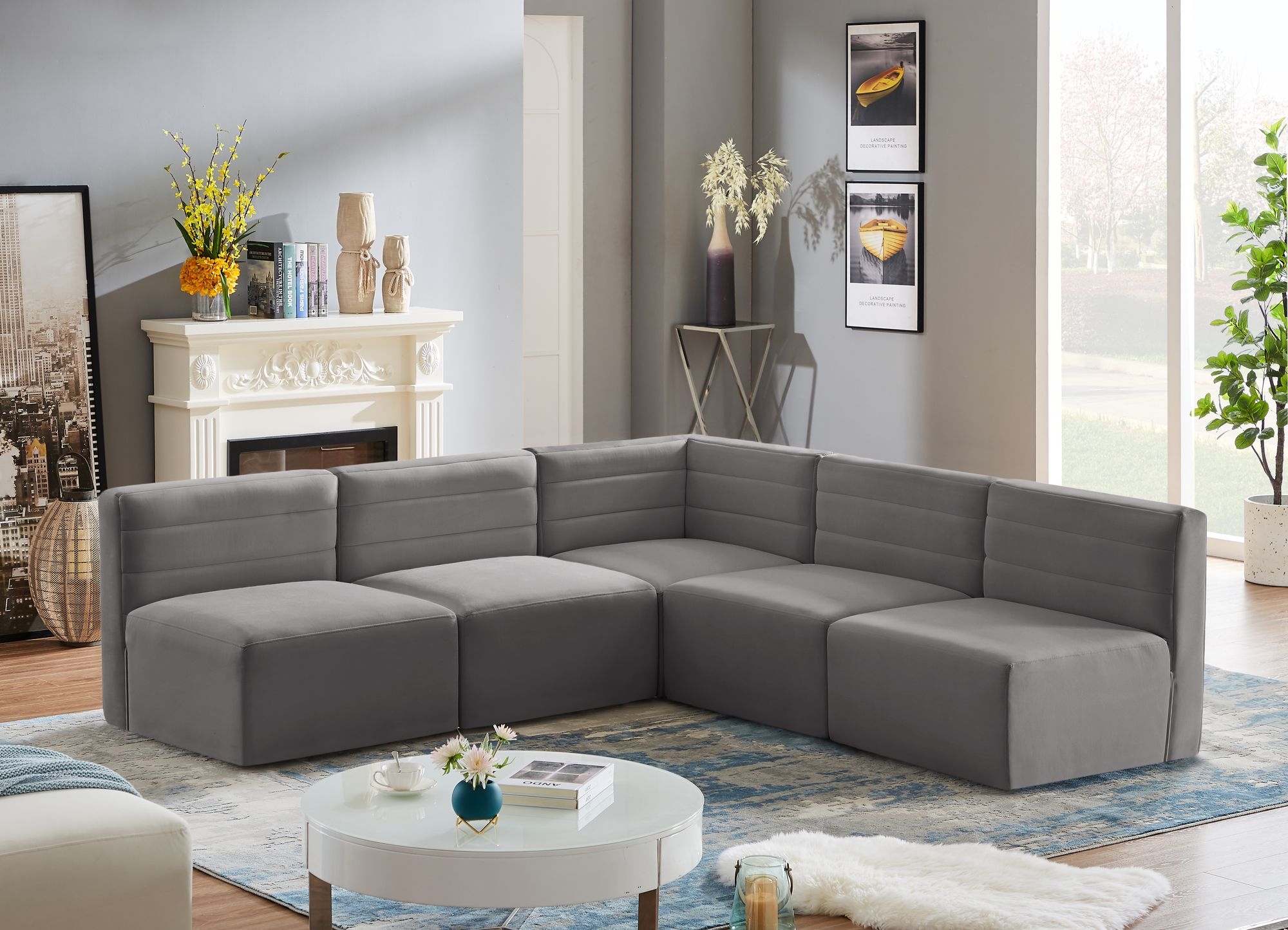 Quincy 95" 5-Piece Velvet Modular Comfort Armless Sectional