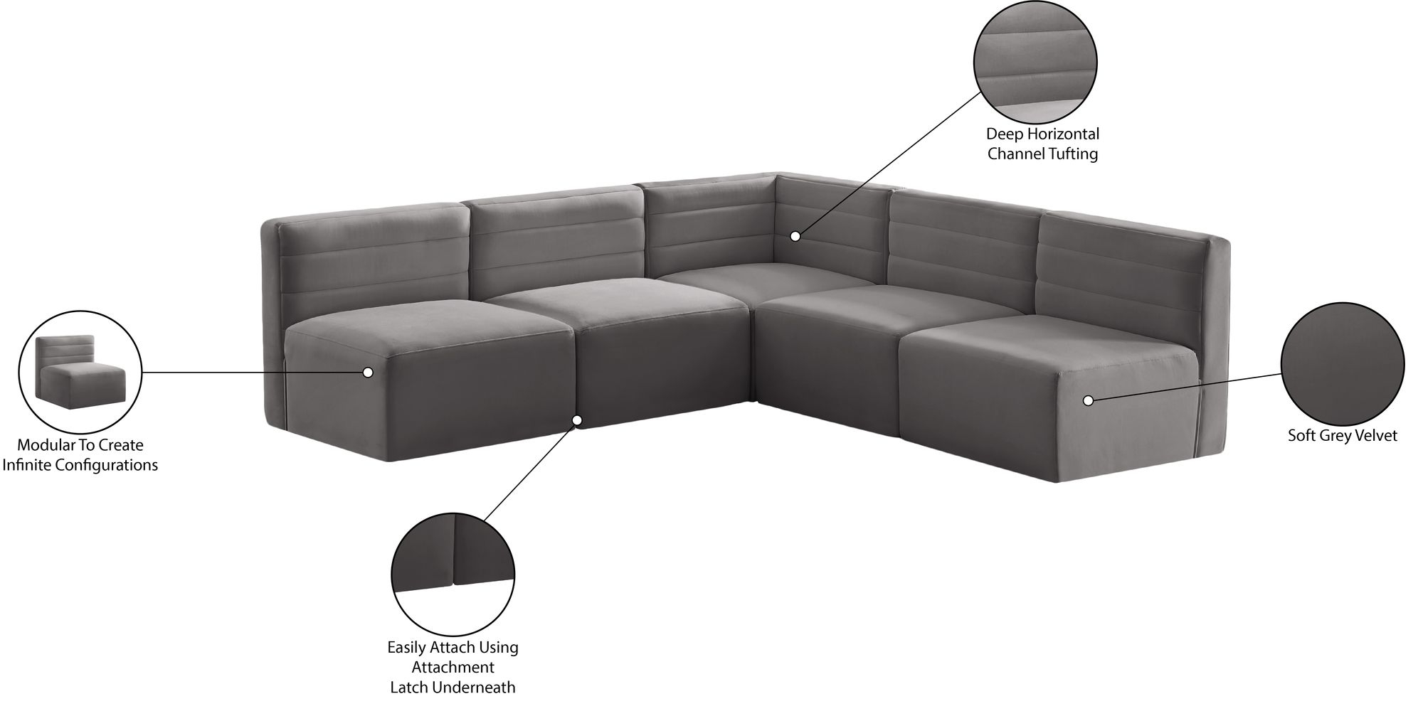Quincy 95" 5-Piece Velvet Modular Comfort Armless Sectional