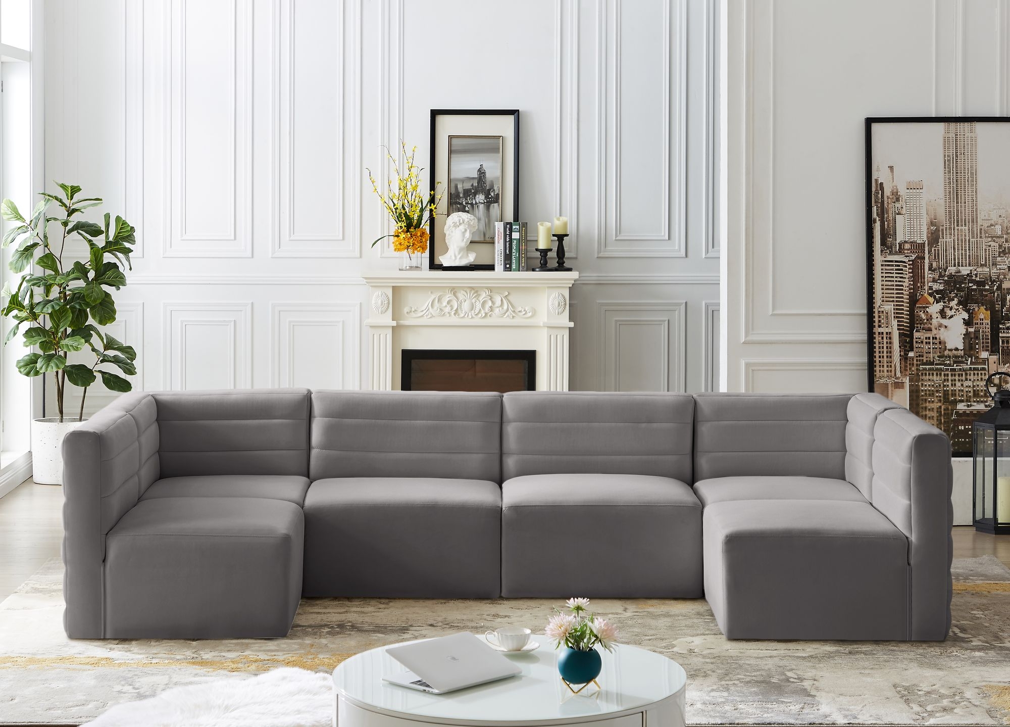 Quincy 126" 6-Piece Velvet Modular Comfort U-Shape Sectional