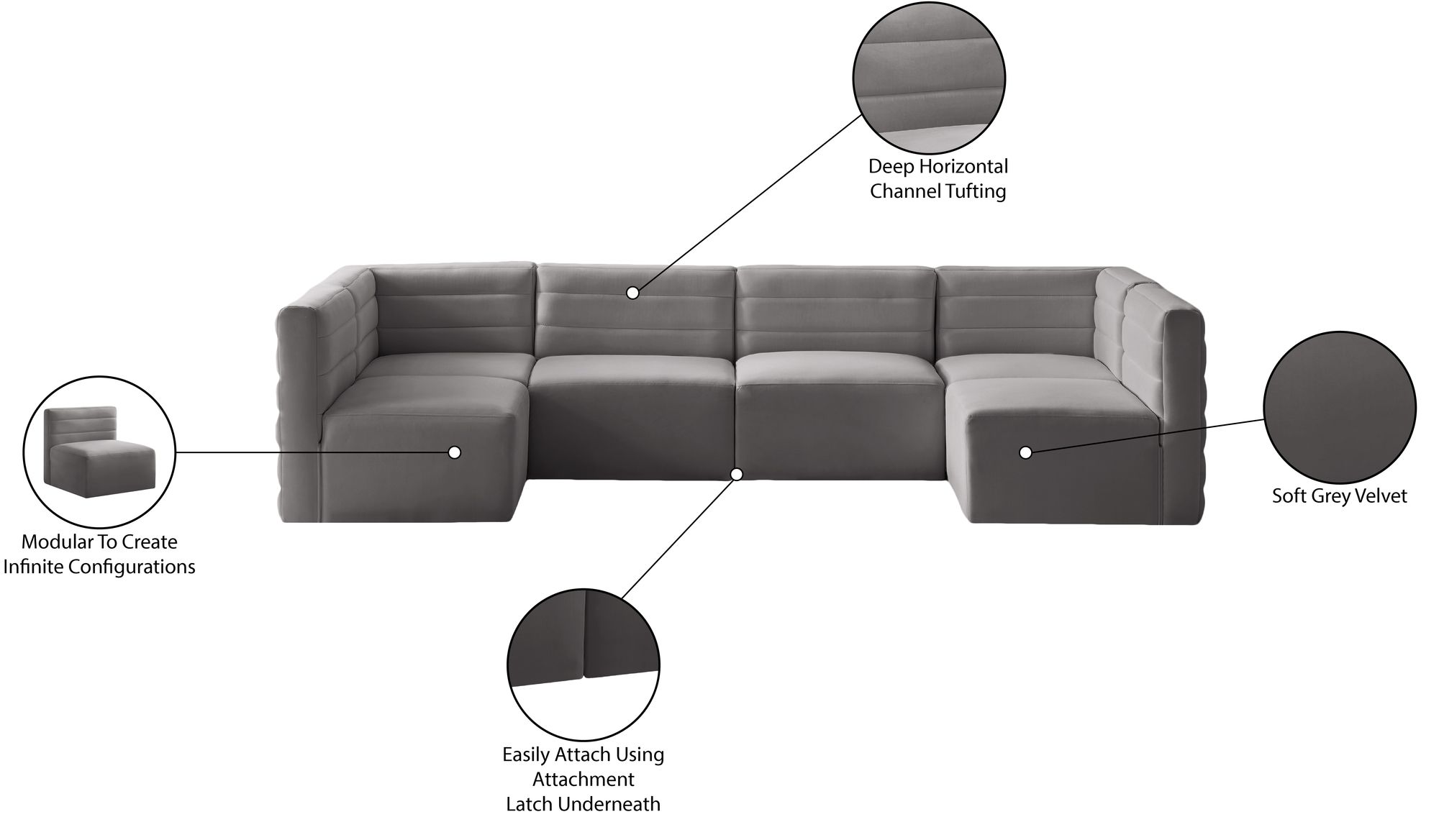 Quincy 126" 6-Piece Velvet Modular Comfort U-Shape Sectional