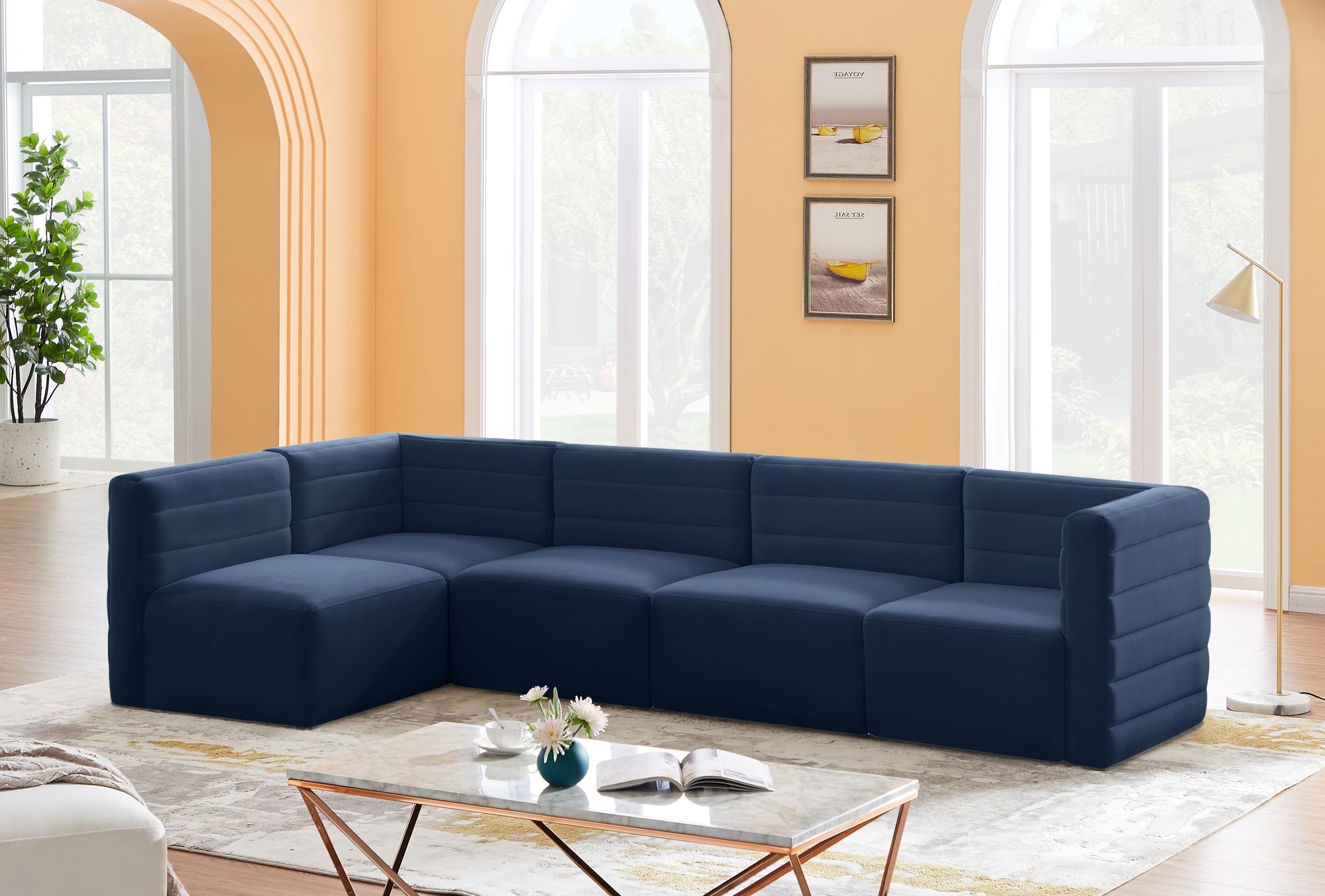 Quincy 126" 5-Piece Velvet Modular Comfort Sectional