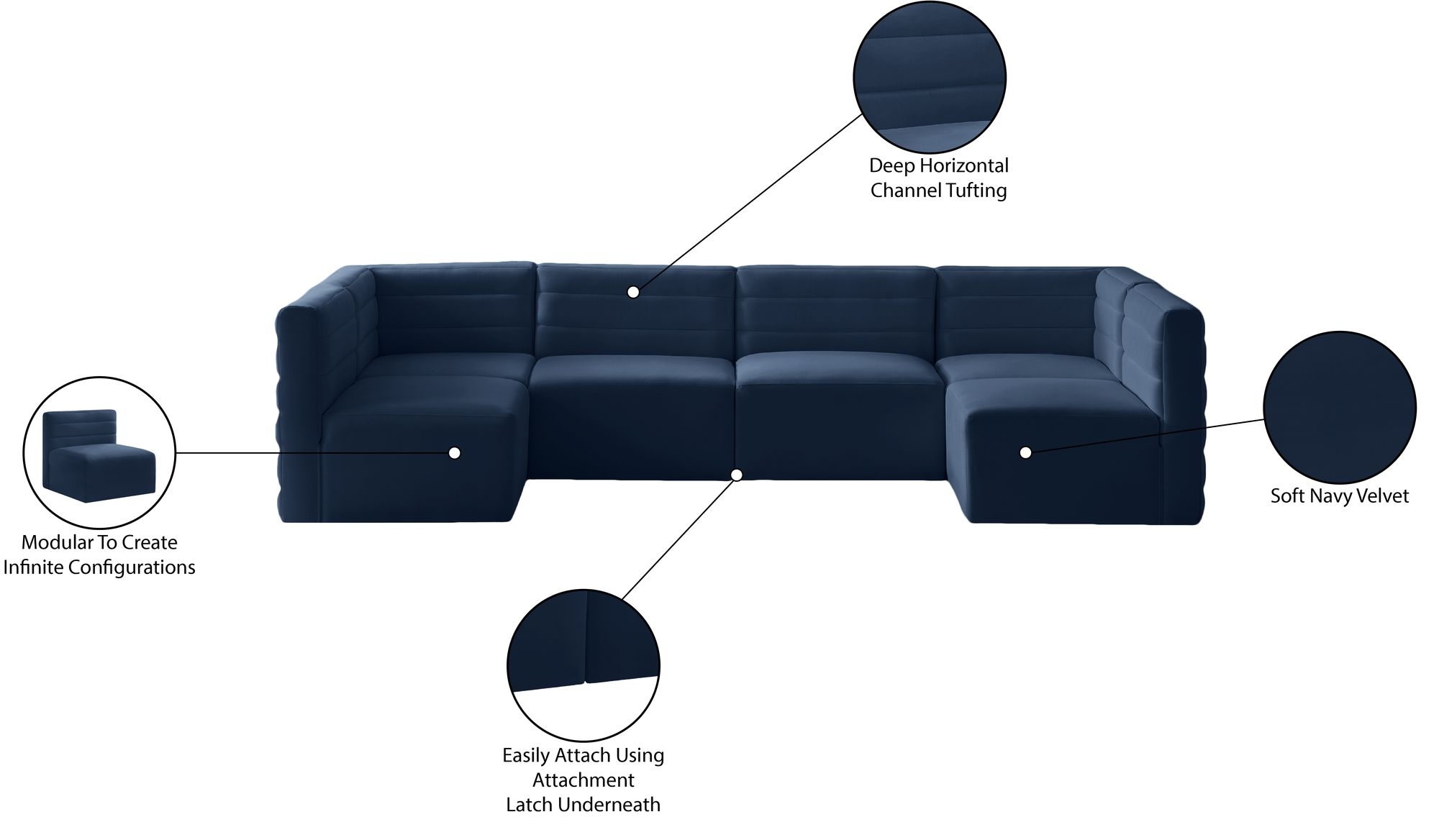Quincy 126" 6-Piece Velvet Modular Comfort U-Shape Sectional