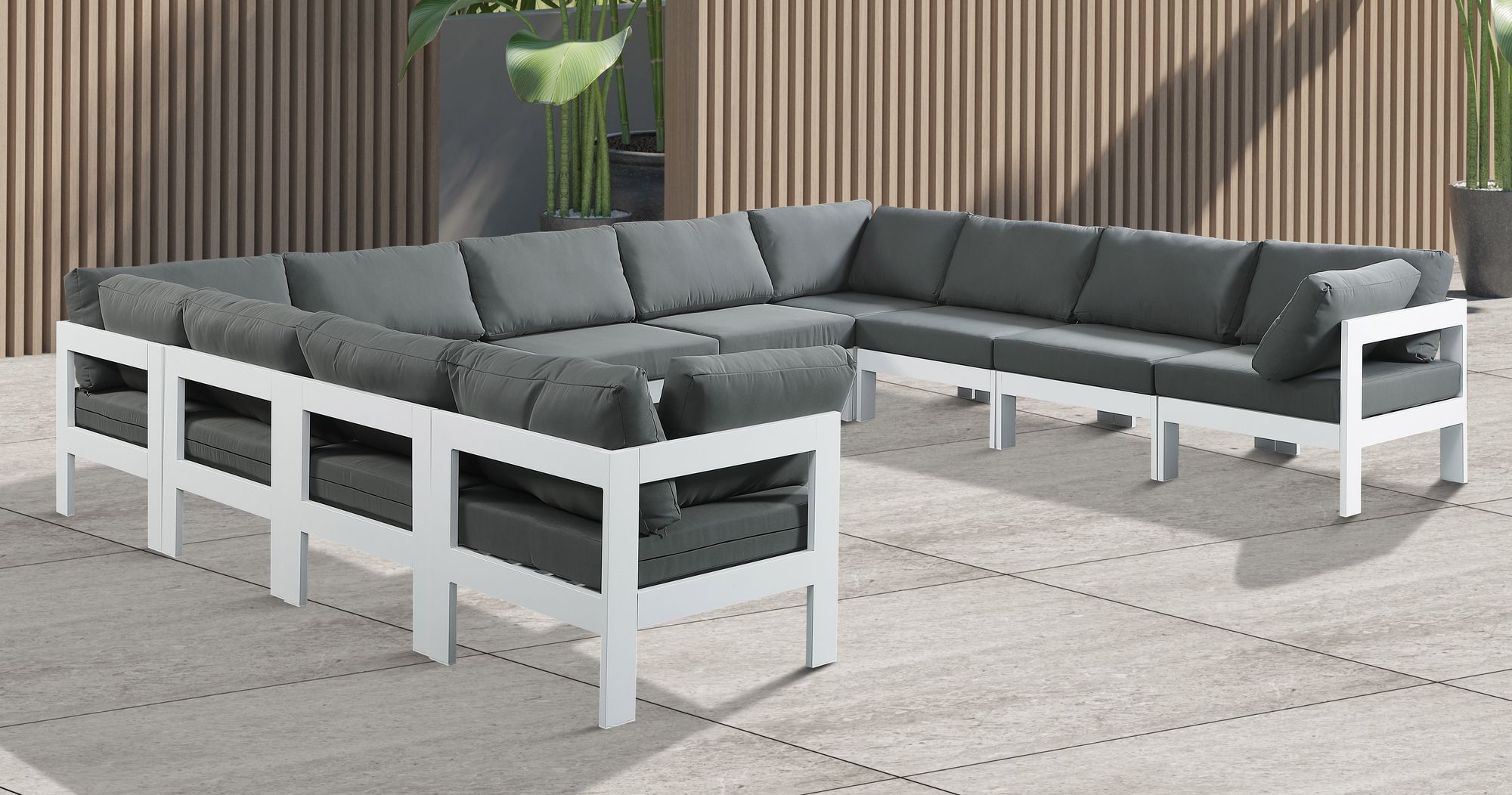 Nizuc 150" 11-Piece Outdoor Patio Waterproof Fabric Modular U-Shape Sectional with White Aluminum Frame