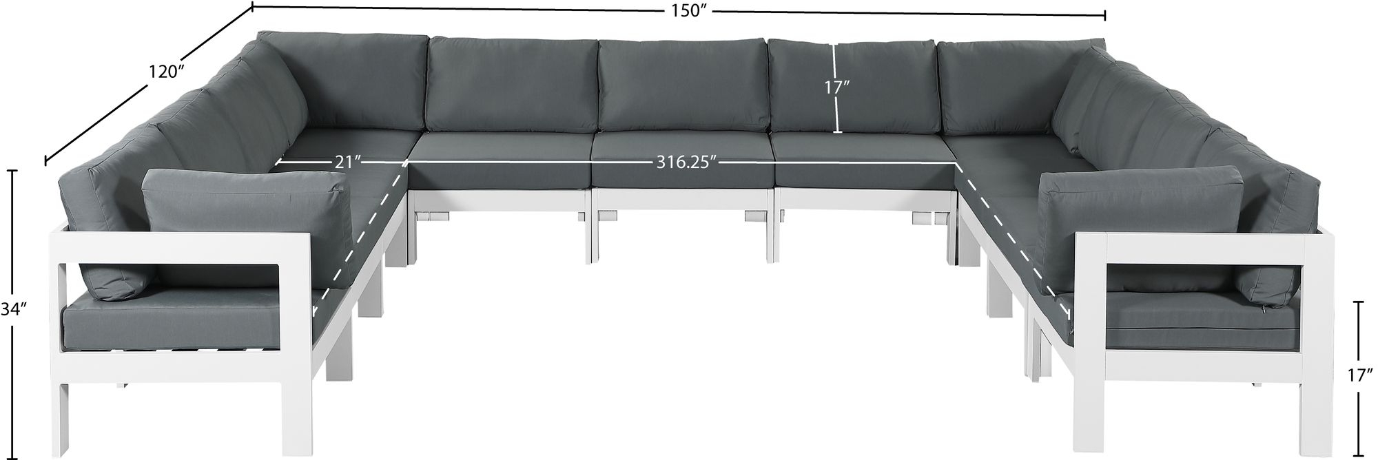 Nizuc 150" 11-Piece Outdoor Patio Waterproof Fabric Modular U-Shape Sectional with White Aluminum Frame